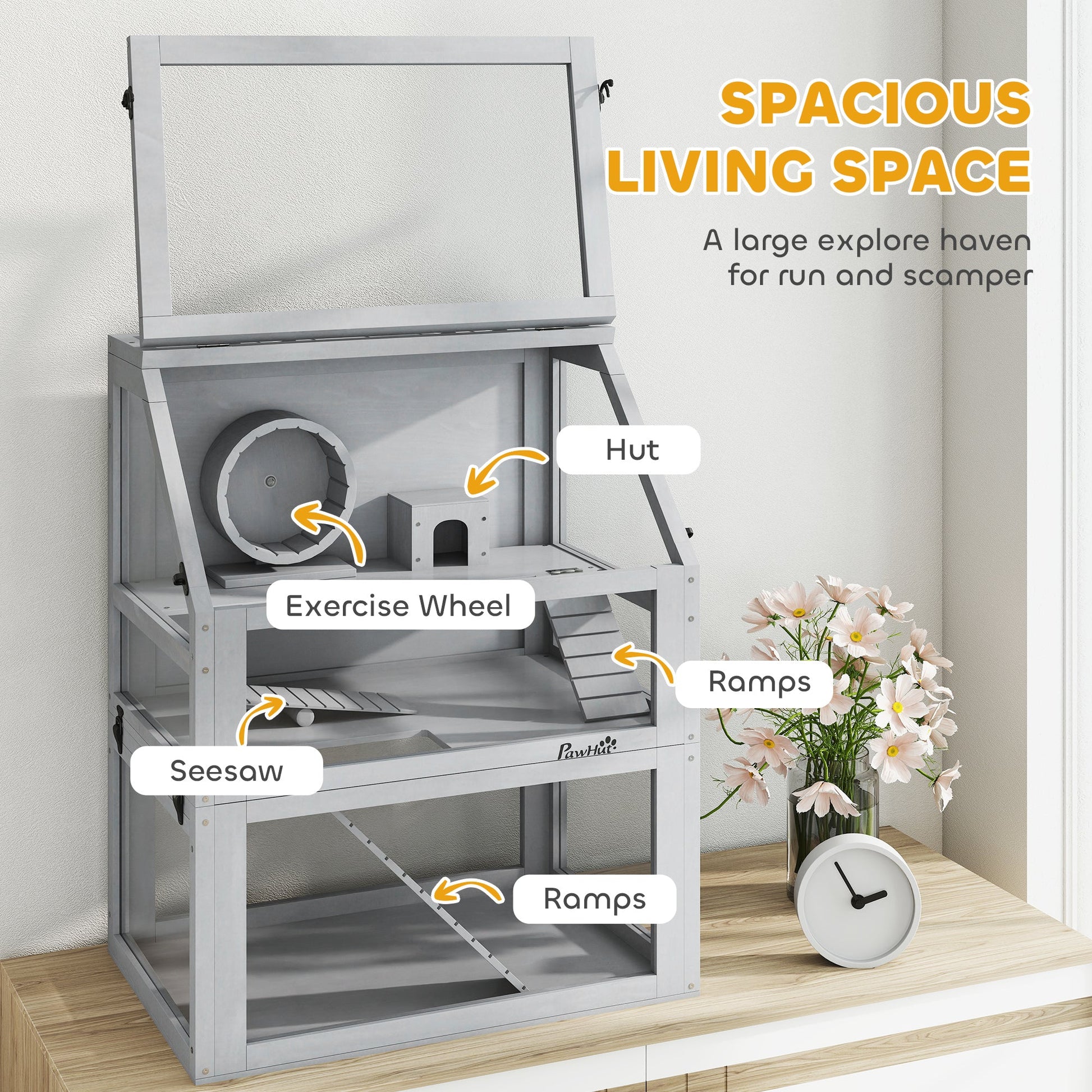 Wooden Hamster Cage, 3 Tier Gerbil Cage with Detachable 32cm Deep Bottom, Hut, Seesaw, Exercise Wheel, Ramps, Light Grey