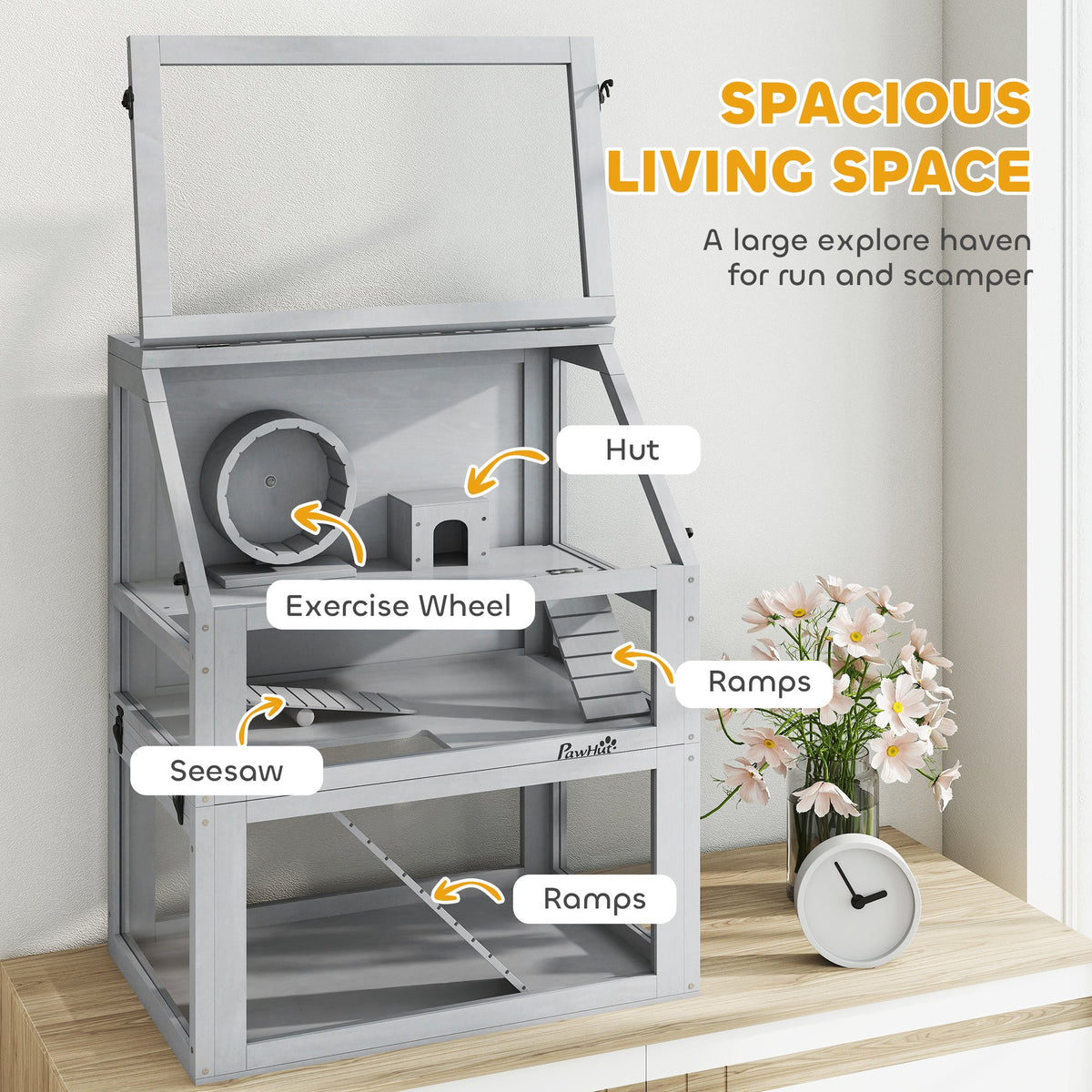 Wooden Hamster Cage, 3 Tier Gerbil Cage with Detachable 32cm Deep Bottom, Hut, Seesaw, Exercise Wheel, Ramps, Light Grey