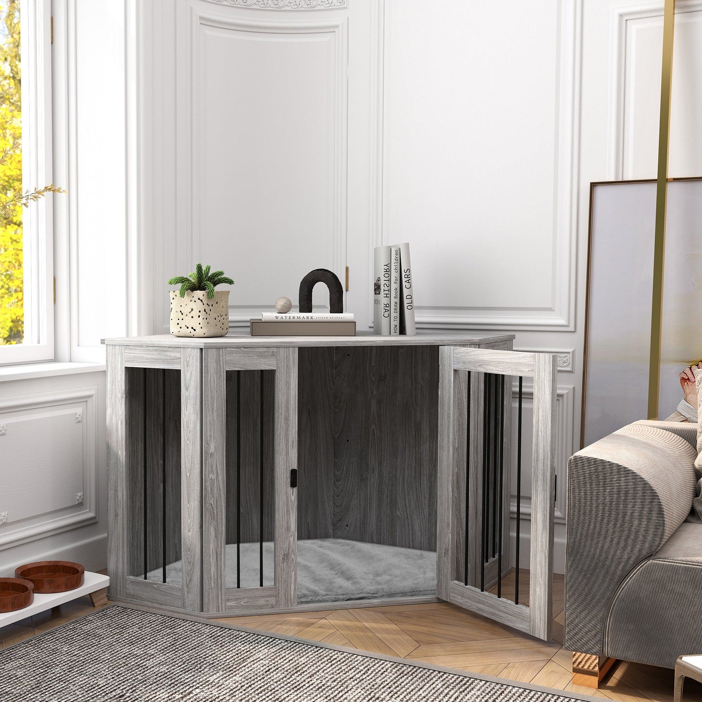 2 in 1 Dog Crate Furniture, Side Table Dog Kennel with Cushion, Large Door, for Large Dogs - Grey