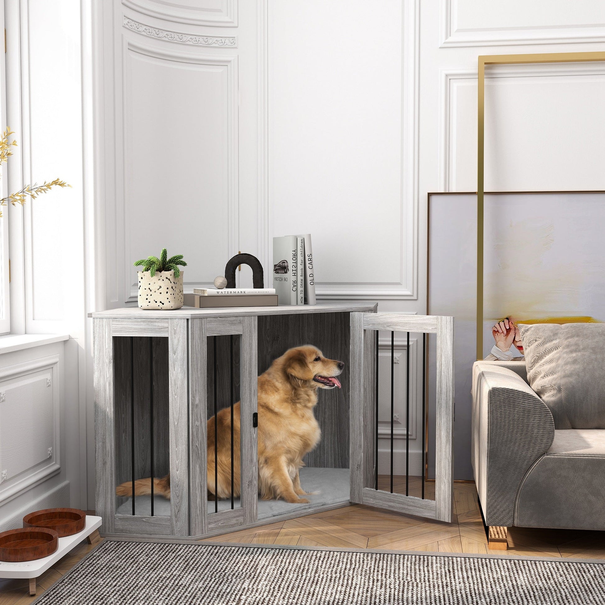 2 in 1 Dog Crate Furniture, Side Table Dog Kennel with Cushion, Large Door, for Large Dogs - Grey