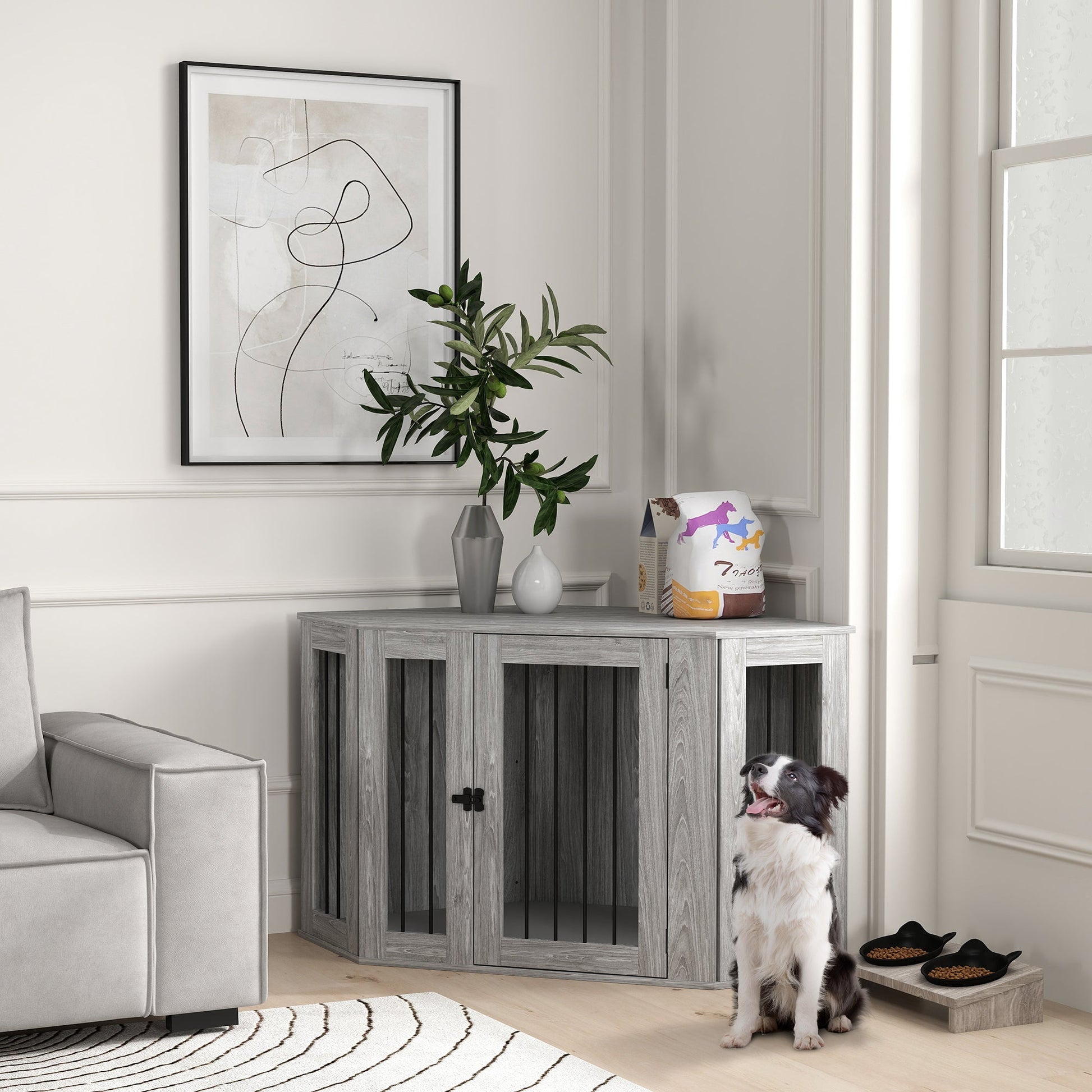 2 in 1 Dog Crate Furniture, Side Table Dog Kennel with Cushion, Large Door, for Large Dogs - Grey