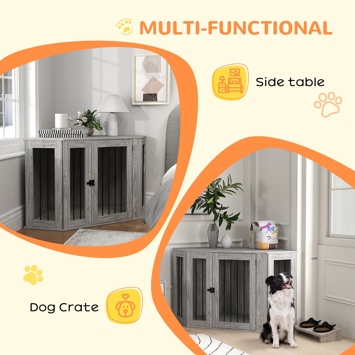 2 in 1 Dog Crate Furniture, Side Table Dog Kennel with Cushion, Large Door, for Large Dogs - Grey