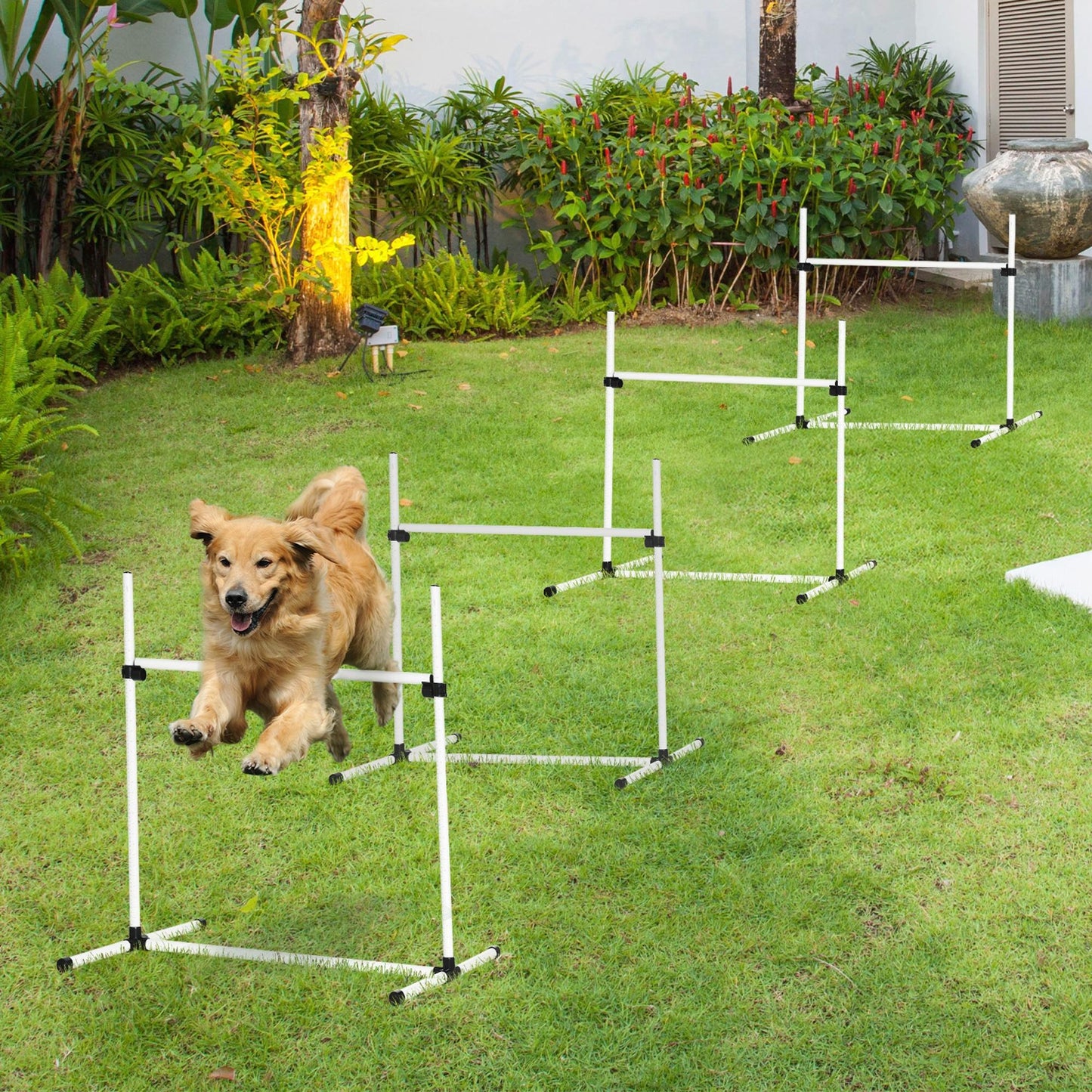 Dog Agility Equipment Training Height Adjustable Jumps Hurdle 4 Pieces with Carrying Bag for Outdoor, White