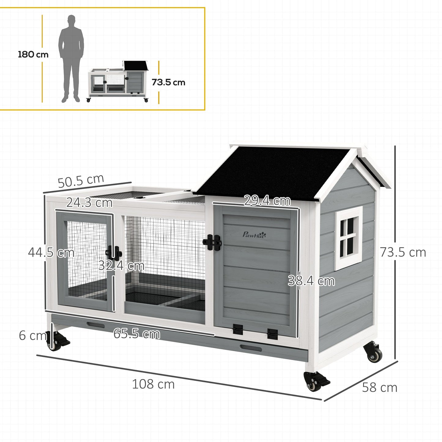 Wooden Rabbit Hutch with Wheels, Guinea Pig Cage, Small Animal House for Outdoor & Indoor with Slide-out Tray, 108 x 58 x 73.5cm, Grey