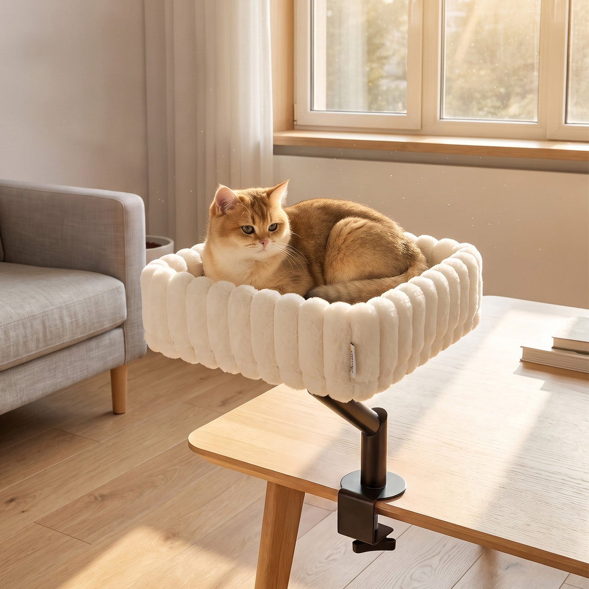 Cat Desk Bed, 360° Rotatable Raised Cat House for Desk and Window, Soft Kitten Hammock with Hanging Ball, Adjustable Clamp for Indoor Kittens, White