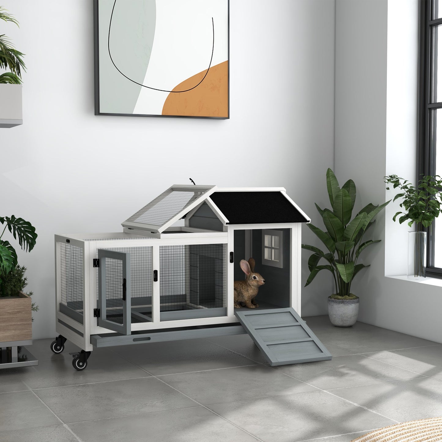 Wooden Rabbit Hutch with Wheels, Guinea Pig Cage, Small Animal House for Outdoor & Indoor with Slide-out Tray, 108 x 58 x 73.5cm, Grey