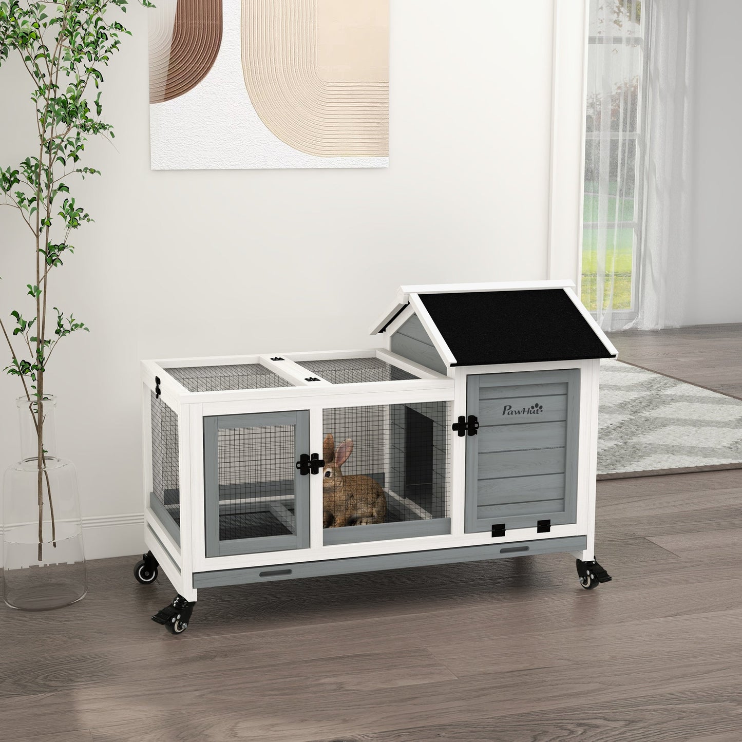 Wooden Rabbit Hutch with Wheels, Guinea Pig Cage, Small Animal House for Outdoor & Indoor with Slide-out Tray, 108 x 58 x 73.5cm, Grey