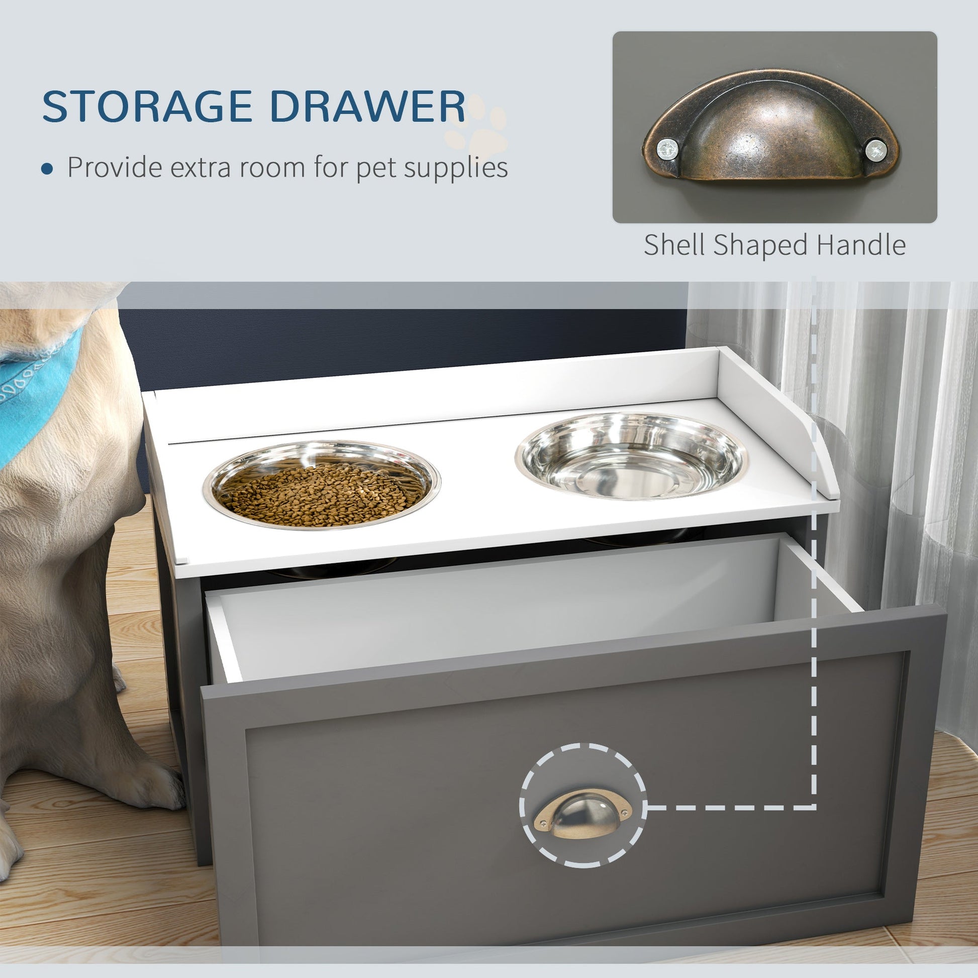 Stainless Steel Raised Dog Bowls, Double Dog Food and Water Bowl w/ 21L Storage Drawer, for Large Dogs - Grey