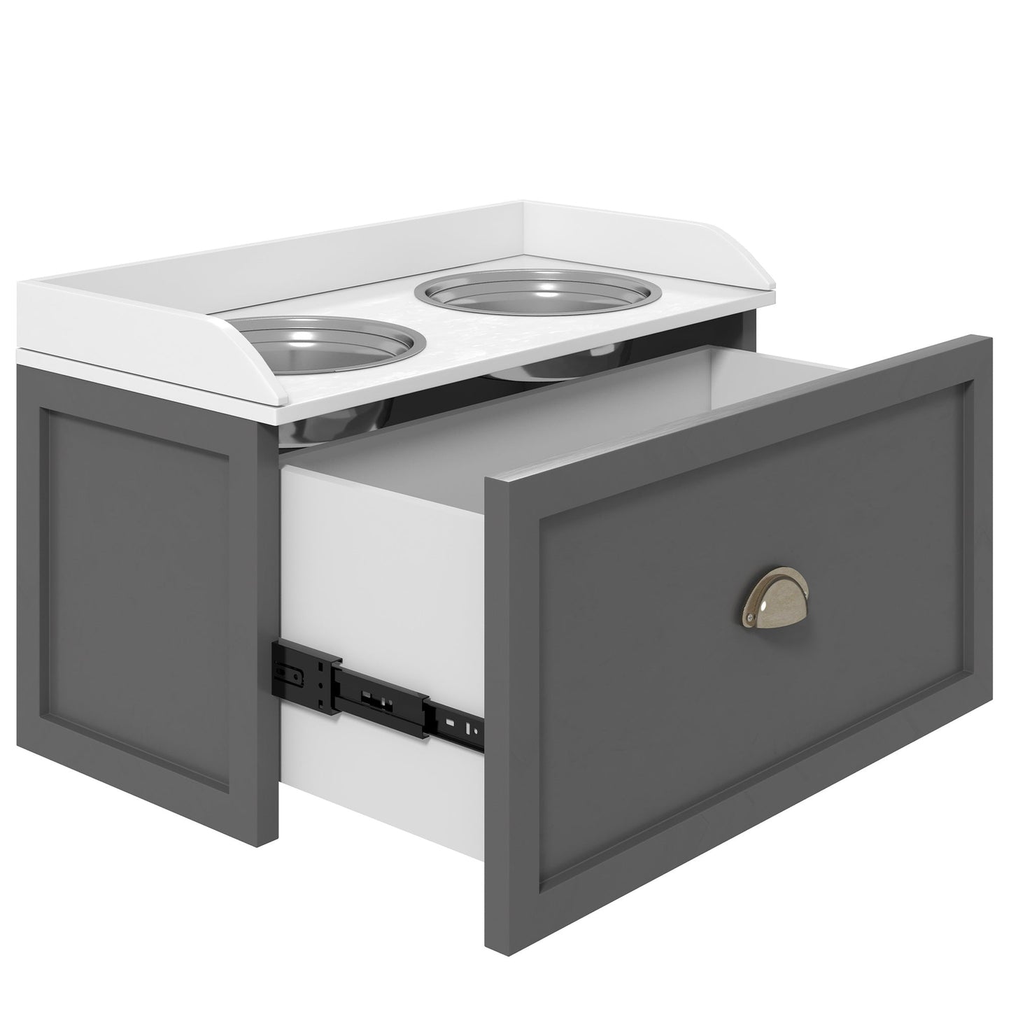 Stainless Steel Raised Dog Bowls, Double Dog Food and Water Bowl w/ 21L Storage Drawer, for Large Dogs - Grey