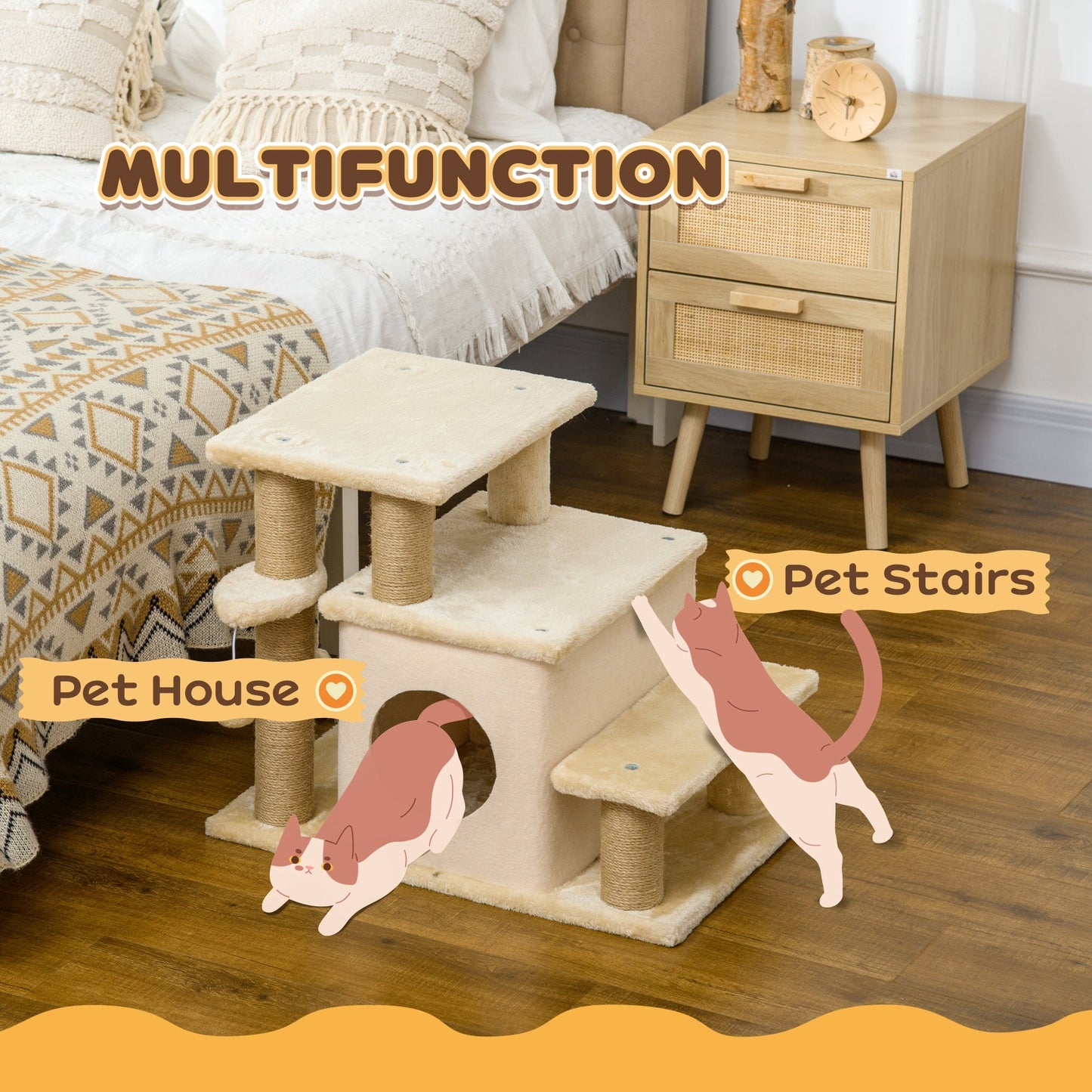 Dog Steps for Bed, 4 Step Pet Stairs with Cat House, Detachable Cover, Jute Scratching Post, Cat Climb ladder for Sofa w/ Hanging Balls - Beige