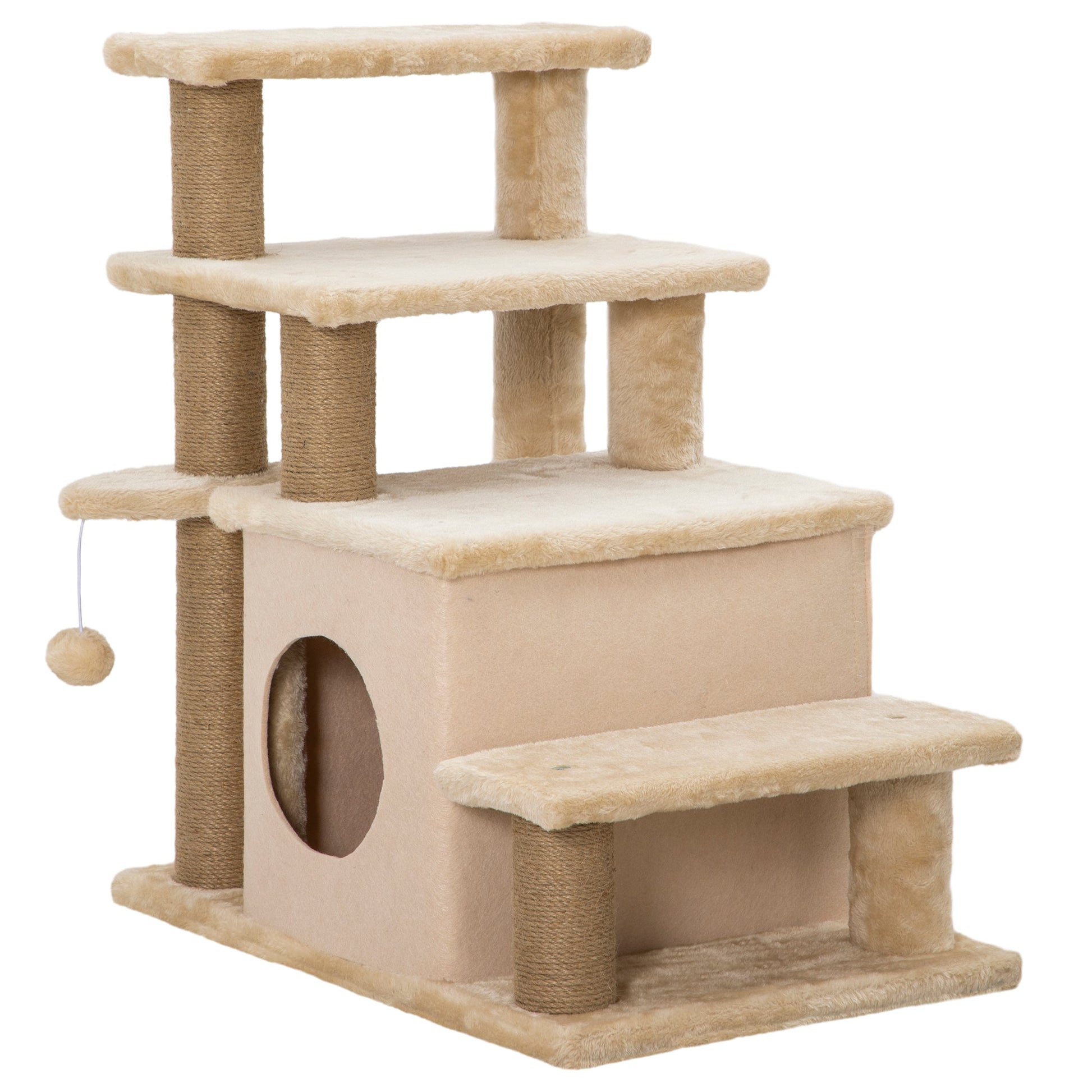 Dog Steps for Bed, 4 Step Pet Stairs with Cat House, Detachable Cover, Jute Scratching Post, Cat Climb ladder for Sofa w/ Hanging Balls - Beige