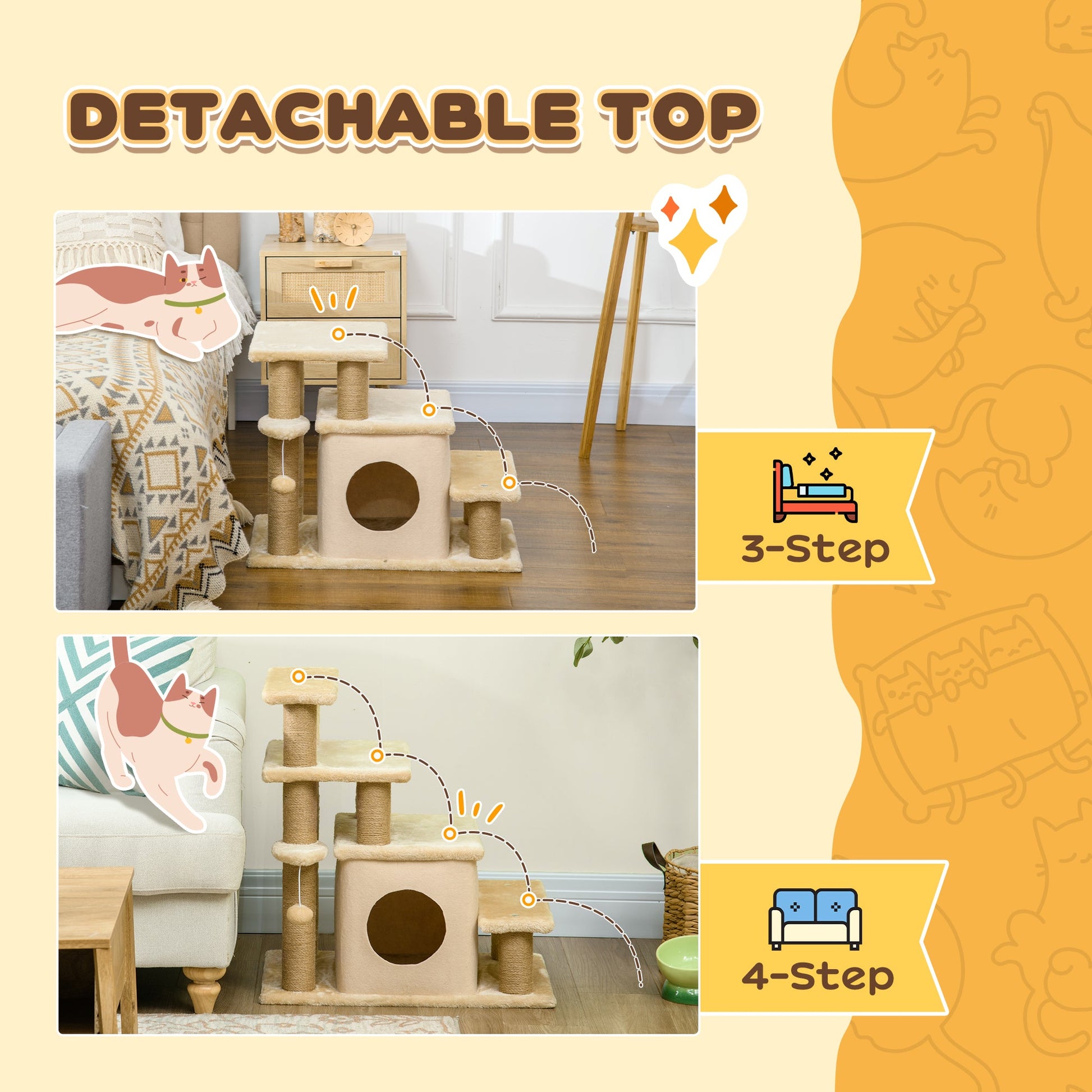 Dog Steps for Bed, 4 Step Pet Stairs with Cat House, Detachable Cover, Jute Scratching Post, Cat Climb ladder for Sofa w/ Hanging Balls - Beige