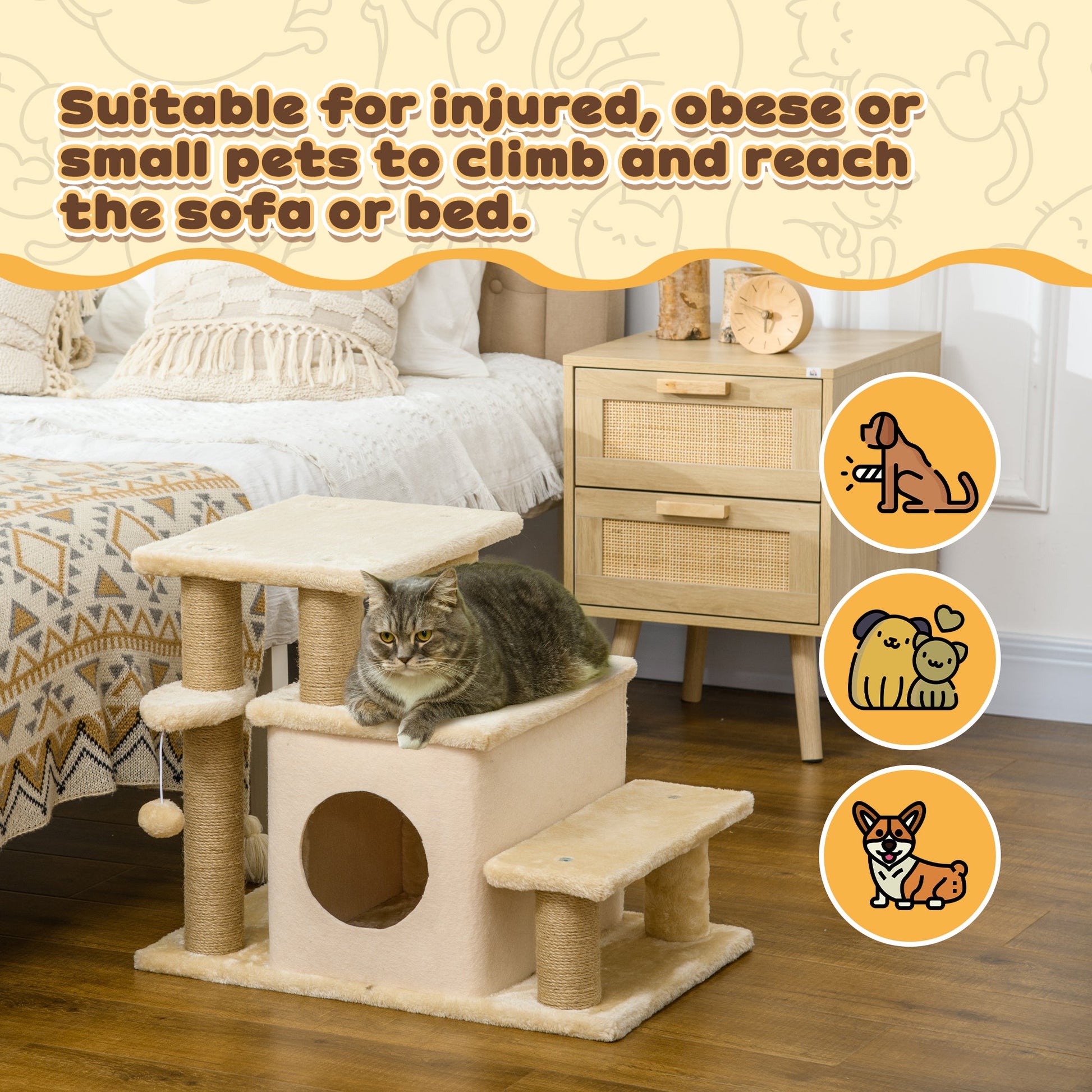 Dog Steps for Bed, 4 Step Pet Stairs with Cat House, Detachable Cover, Jute Scratching Post, Cat Climb ladder for Sofa w/ Hanging Balls - Beige