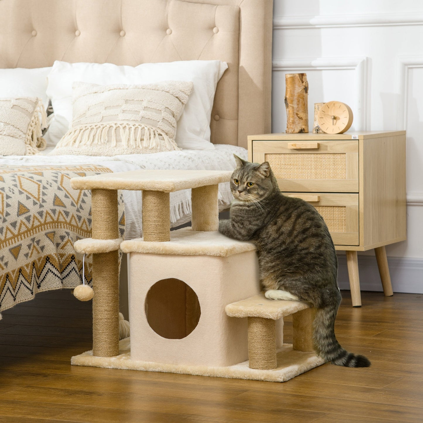 Dog Steps for Bed, 4 Step Pet Stairs with Cat House, Detachable Cover, Jute Scratching Post, Cat Climb ladder for Sofa w/ Hanging Balls - Beige
