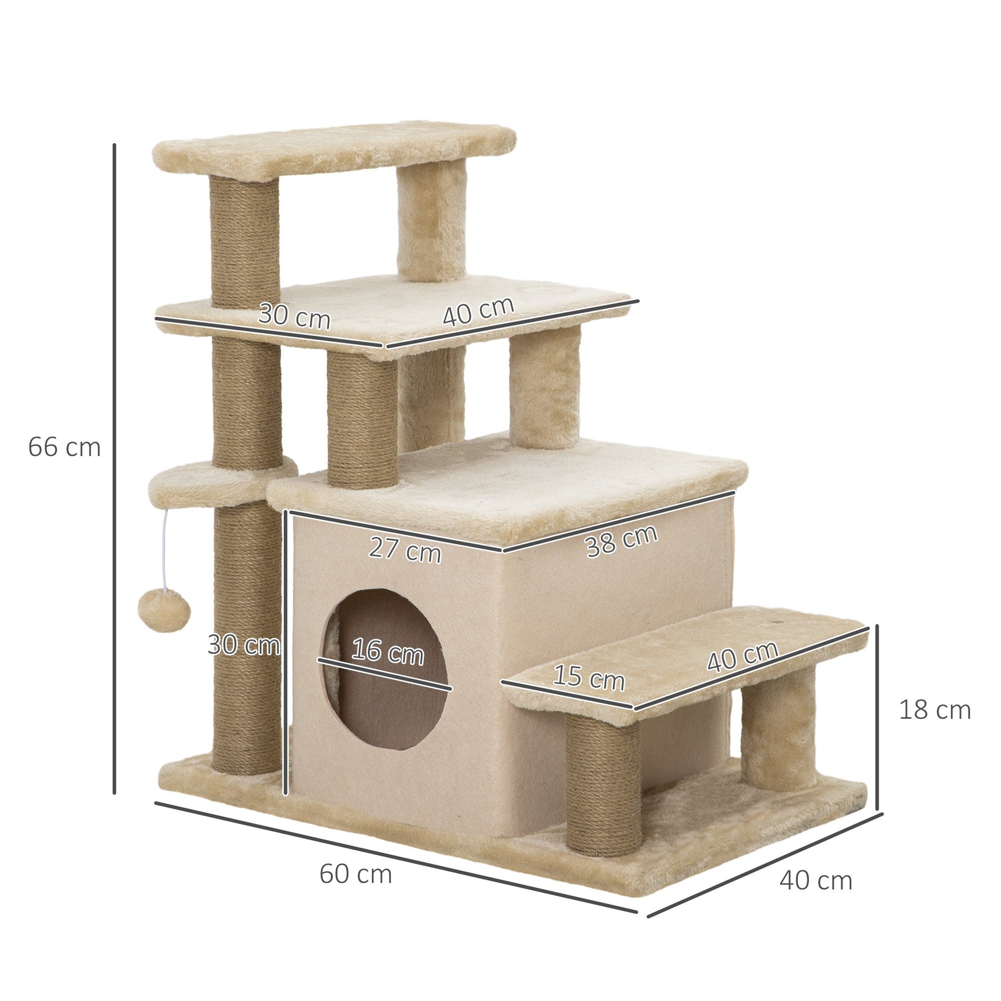 Dog Steps for Bed, 4 Step Pet Stairs with Cat House, Detachable Cover, Jute Scratching Post, Cat Climb ladder for Sofa w/ Hanging Balls - Beige