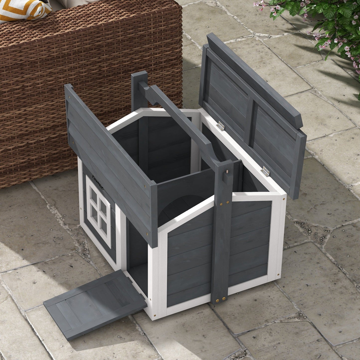 Rabbit Hutch Cat House Puppy House Guinea Pig Hutch Small Animal House Portable Wooden Indoor Outdoor with 2 Rooms Top Handle, Openable Roof - Grey