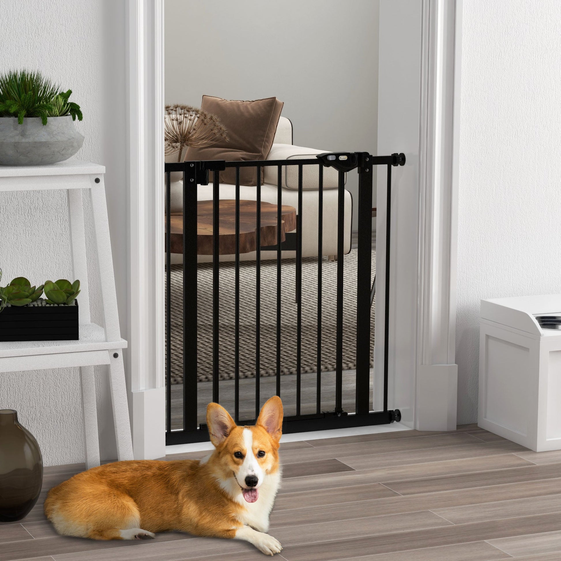 Dog Gate Stair Gate Pressure Fit Pets Barrier Auto Close for Doorway Hallway, 74-80cm Wide Adjustable, Black
