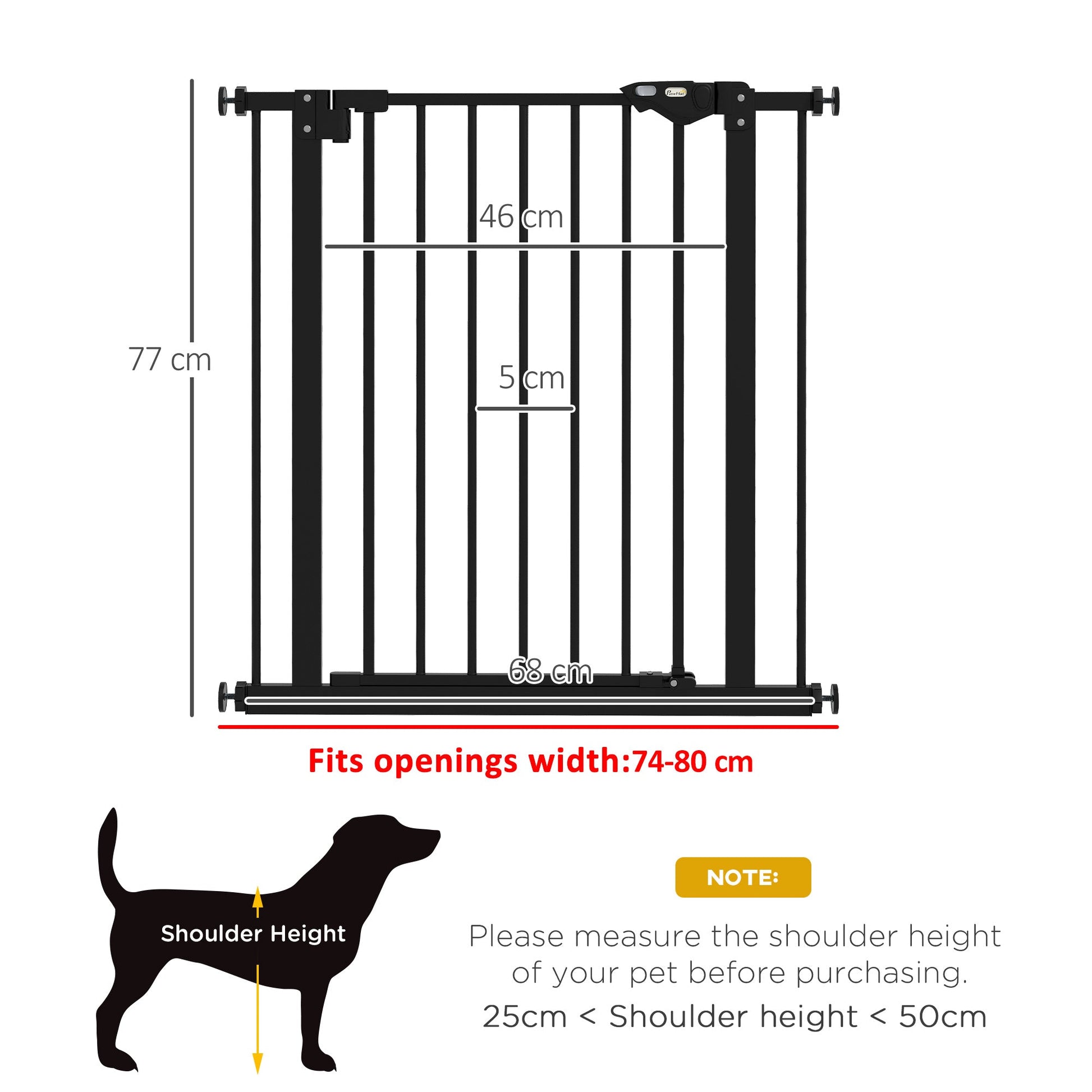 Dog Gate Stair Gate Pressure Fit Pets Barrier Auto Close for Doorway Hallway, 74-80cm Wide Adjustable, Black