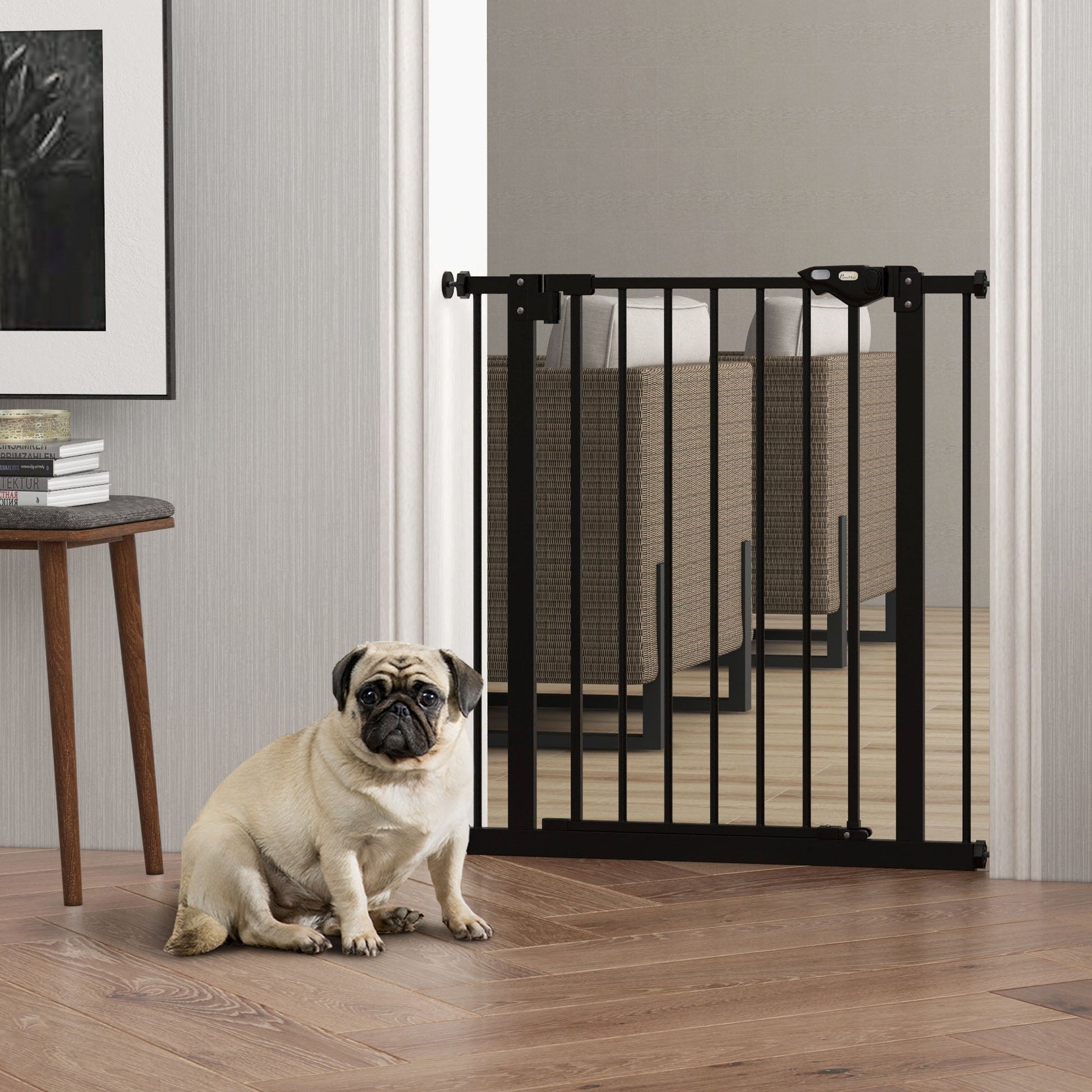 Dog Gate Stair Gate Pressure Fit Pets Barrier Auto Close for Doorway Hallway, 74-80cm Wide Adjustable, Black