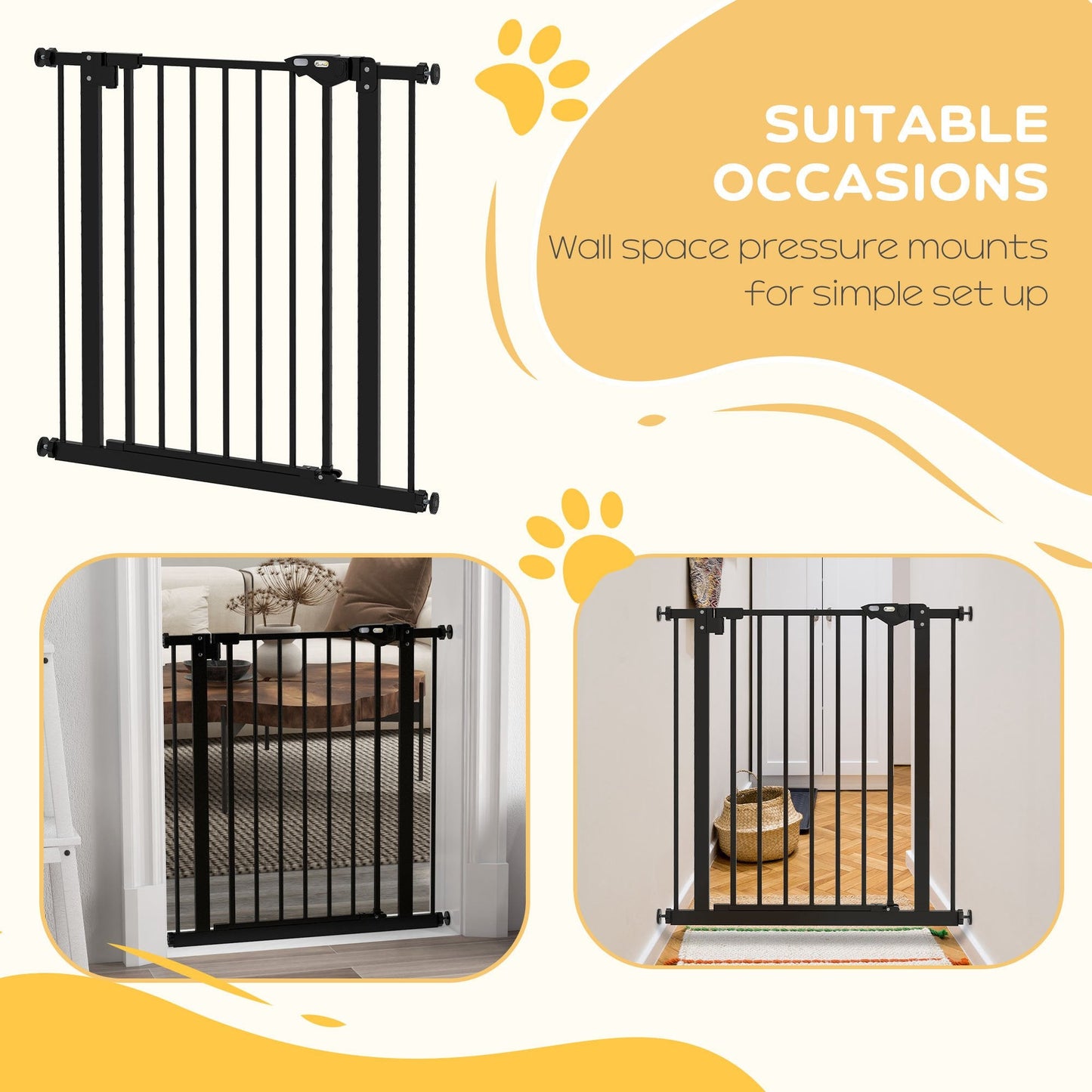 Dog Gate Stair Gate Pressure Fit Pets Barrier Auto Close for Doorway Hallway, 74-80cm Wide Adjustable, Black