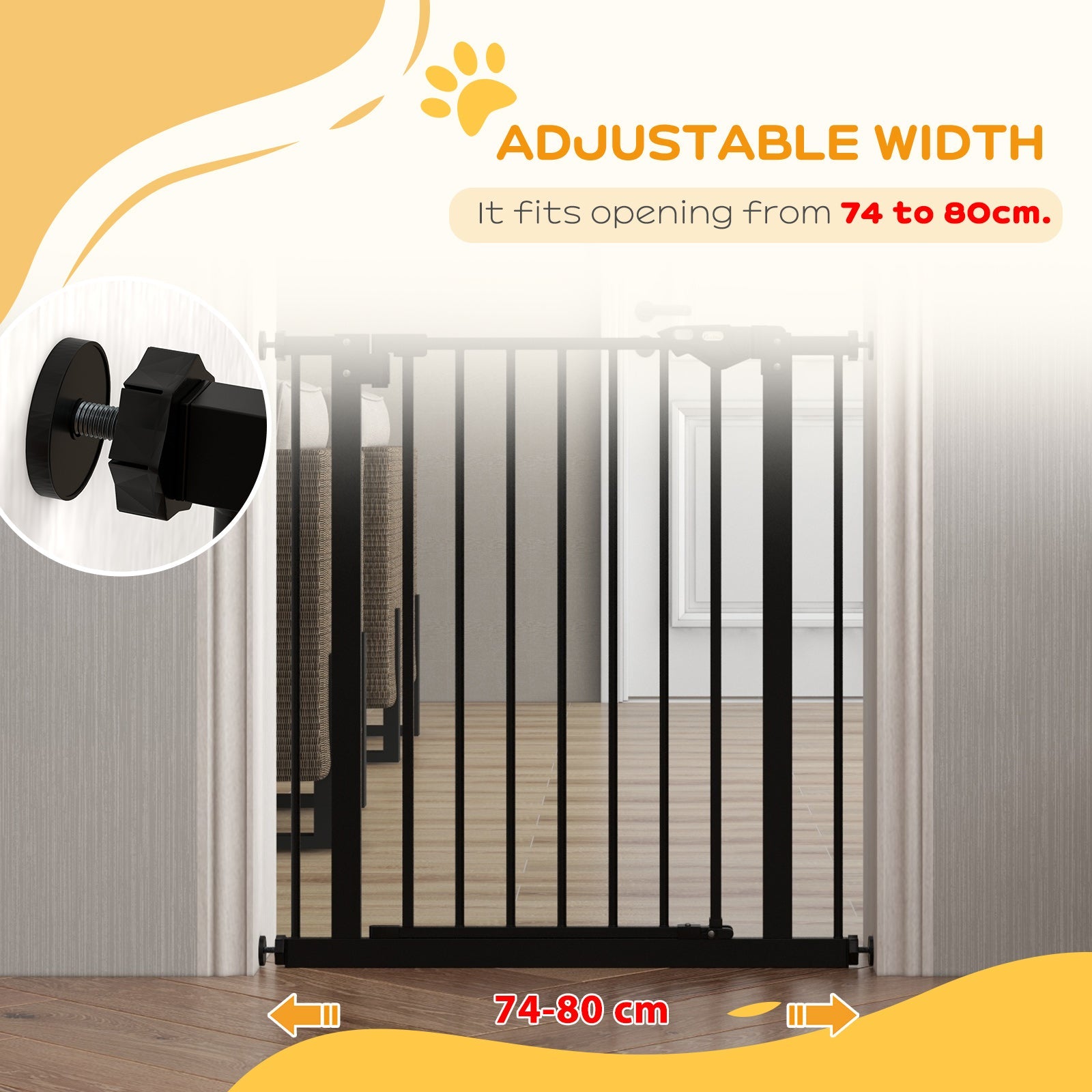 Dog Gate Stair Gate Pressure Fit Pets Barrier Auto Close for Doorway Hallway, 74-80cm Wide Adjustable, Black