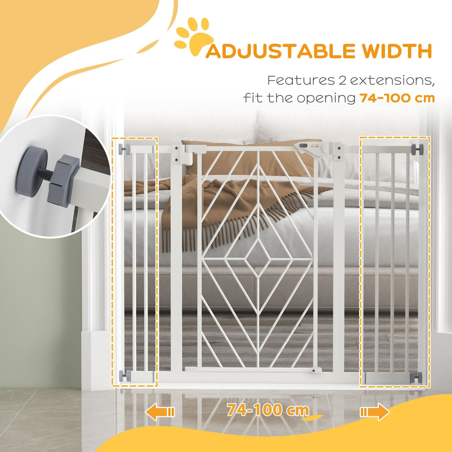 Pressure Fit Safety Gate for Doorways and Staircases, Dog Gate with Auto Closing Door, Pet Barrier for Hallways with Double Locking, Openings 74-100cm - White