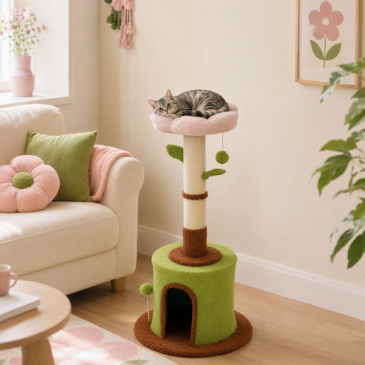 Cat Tree for Indoor Kittens, 88cm Flower Cat Tower with Condo & Bed, Scratching Post, 2 Toy Balls and 2 Crinkle Leaves, Kitty Activity Centre for Playing and Resting