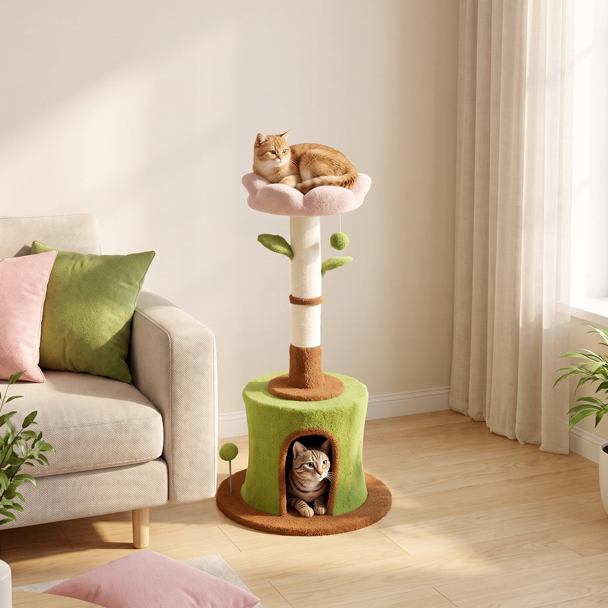 Cat Tree for Indoor Kittens, 88cm Flower Cat Tower with Condo & Bed, Scratching Post, 2 Toy Balls and 2 Crinkle Leaves, Kitty Activity Centre for Playing and Resting
