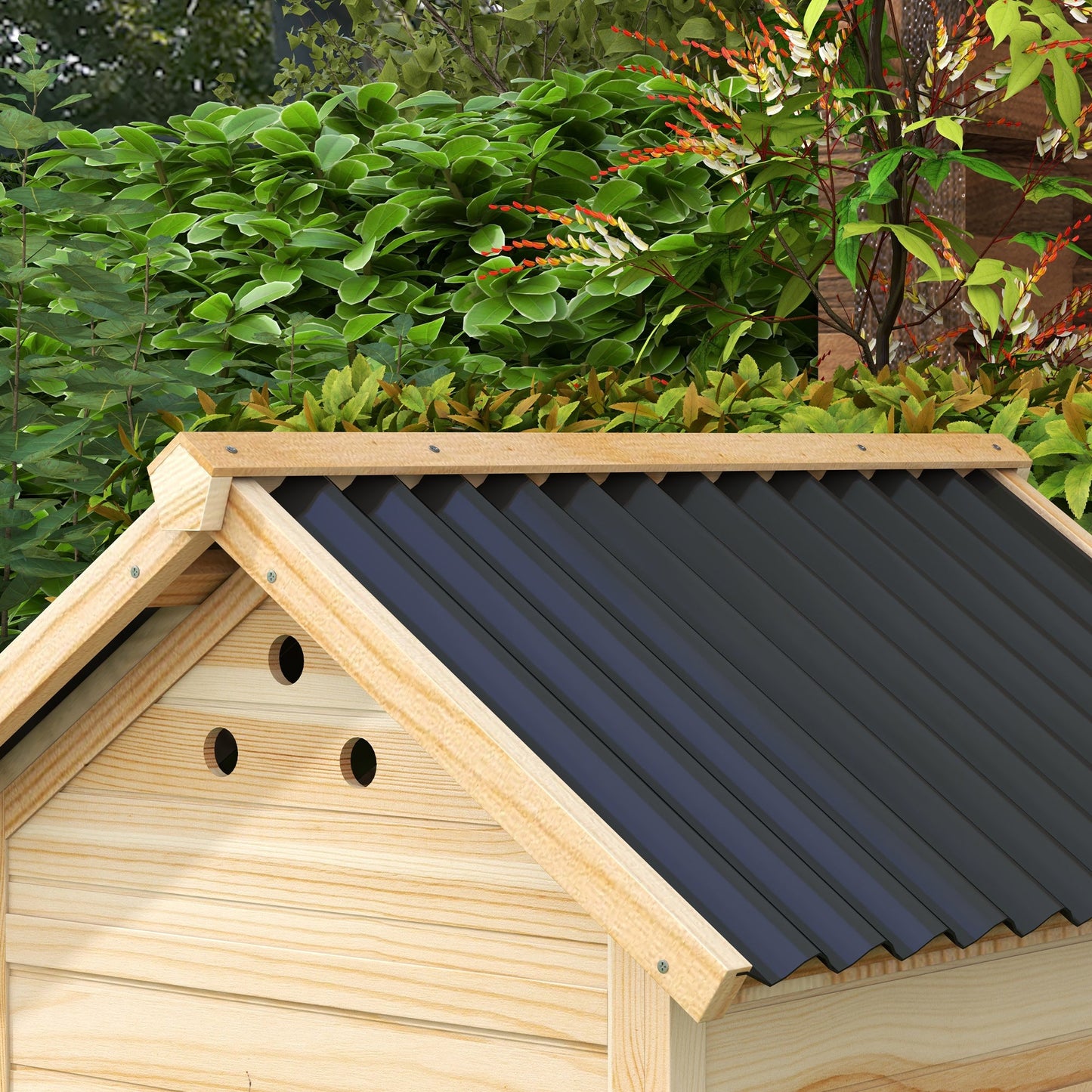 Wooden Duck House, Raised Chicken Coop with Double Doors, Poultry Coop with Openable Roof, Ventilation Holes, Removable Base, Natural Wood Finish