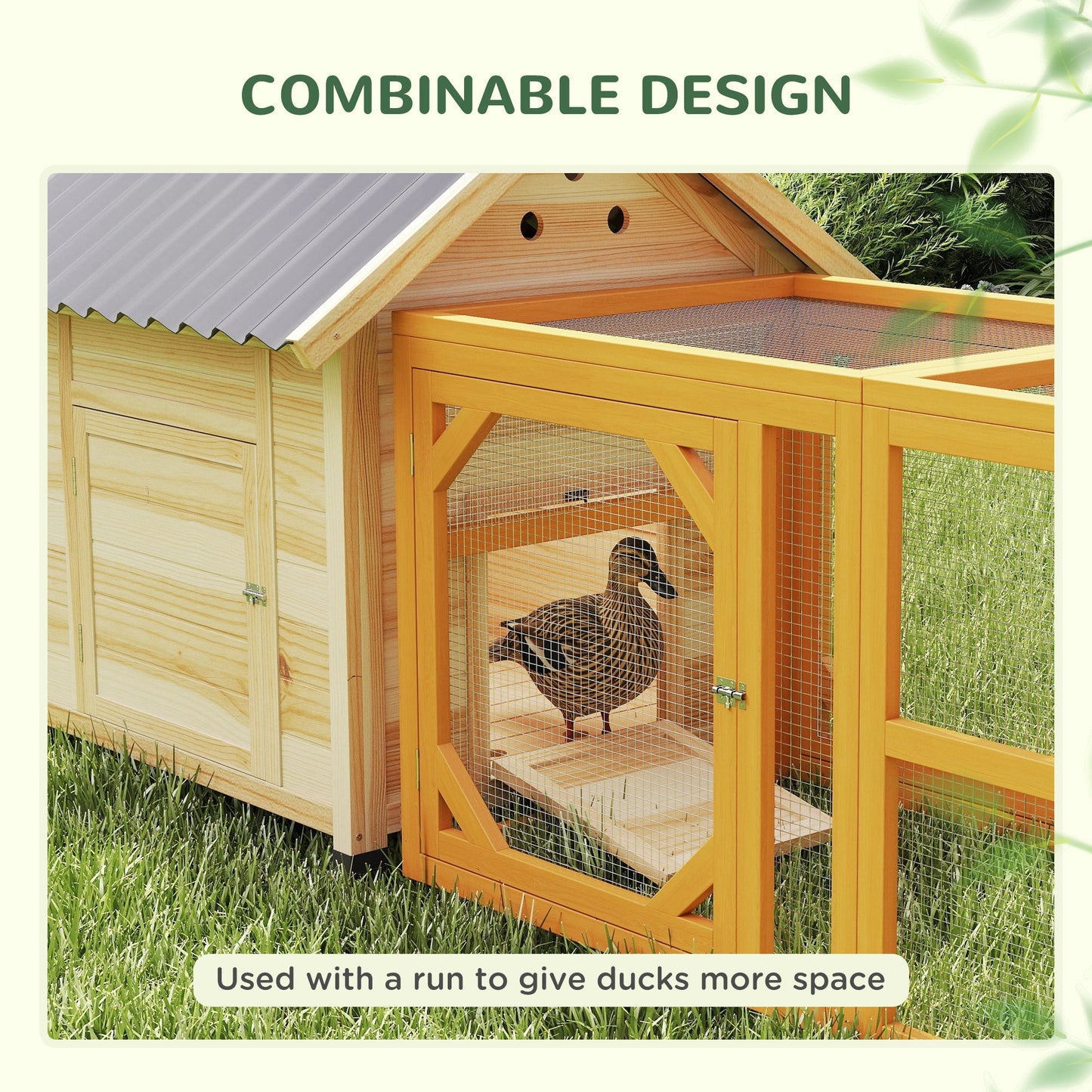 Wooden Duck House, Raised Chicken Coop with Double Doors, Poultry Coop with Openable Roof, Ventilation Holes, Removable Base, Natural Wood Finish