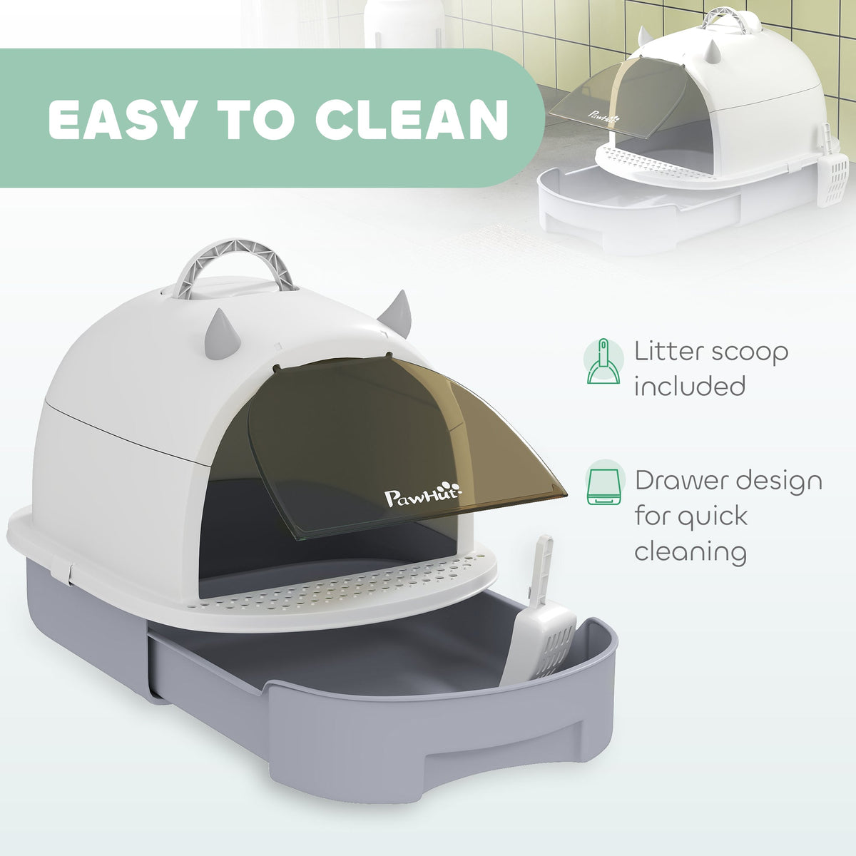 Cat Litter Tray with Lid, Enclosed Cat Litter Box with Pull-Out Drawer, Scoop, Deodorising Bags for Odour Control, Privacy, Portable, Easy to Clean, Grey