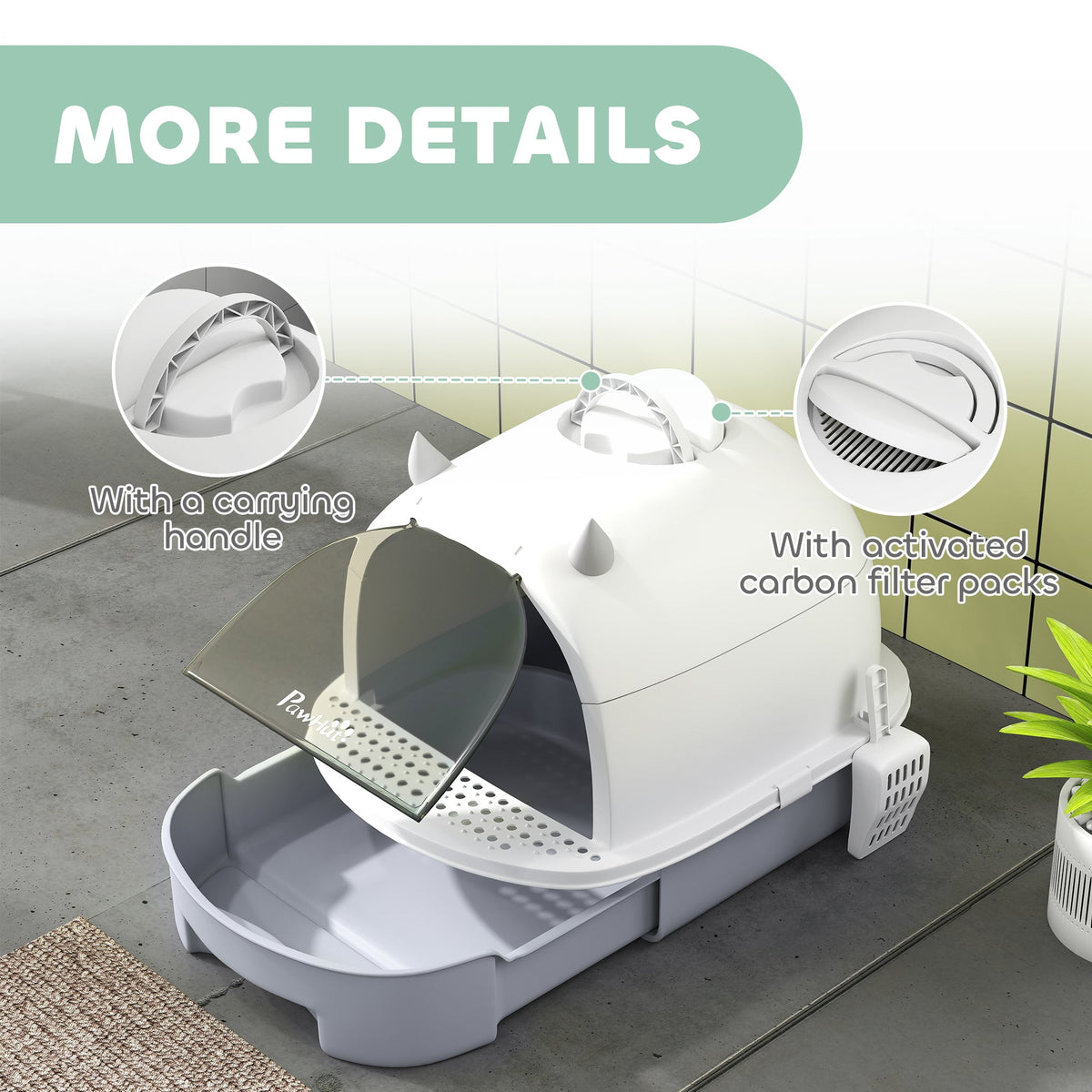 Cat Litter Tray with Lid, Enclosed Cat Litter Box with Pull-Out Drawer, Scoop, Deodorising Bags for Odour Control, Privacy, Portable, Easy to Clean, Grey