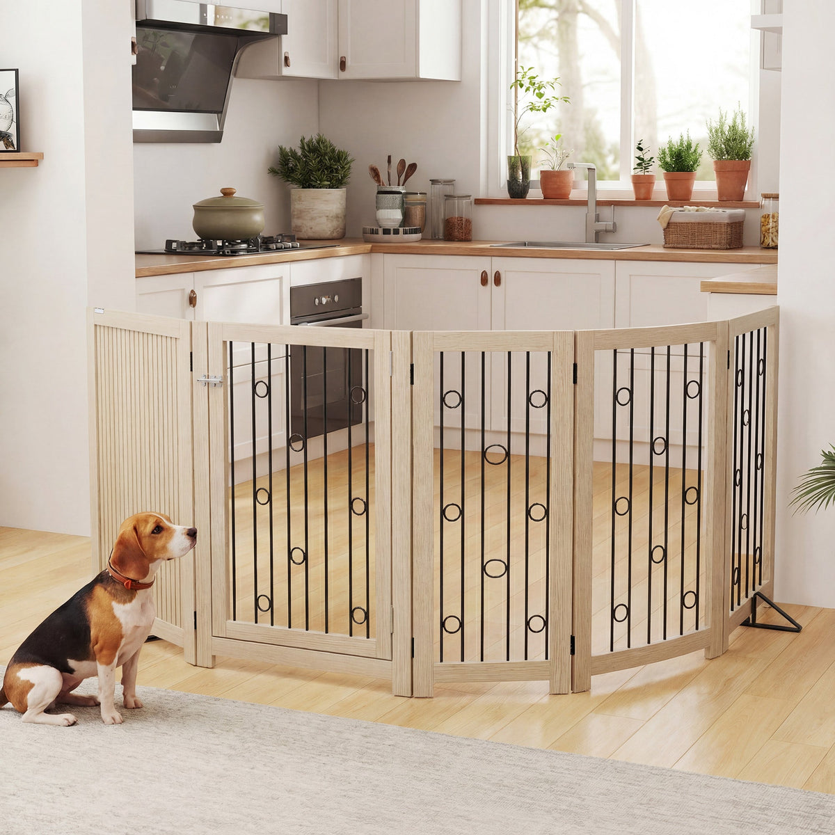 Freestanding Pet Gate, Foldable Dog Gate with Lockable Door, Metal Support Feet & 360° Flexible Hinges, 4 Panel Indoor Dog Barrier for House, Stairs, Doorway, 205 x 30.5 x 91.5 cm, Oak