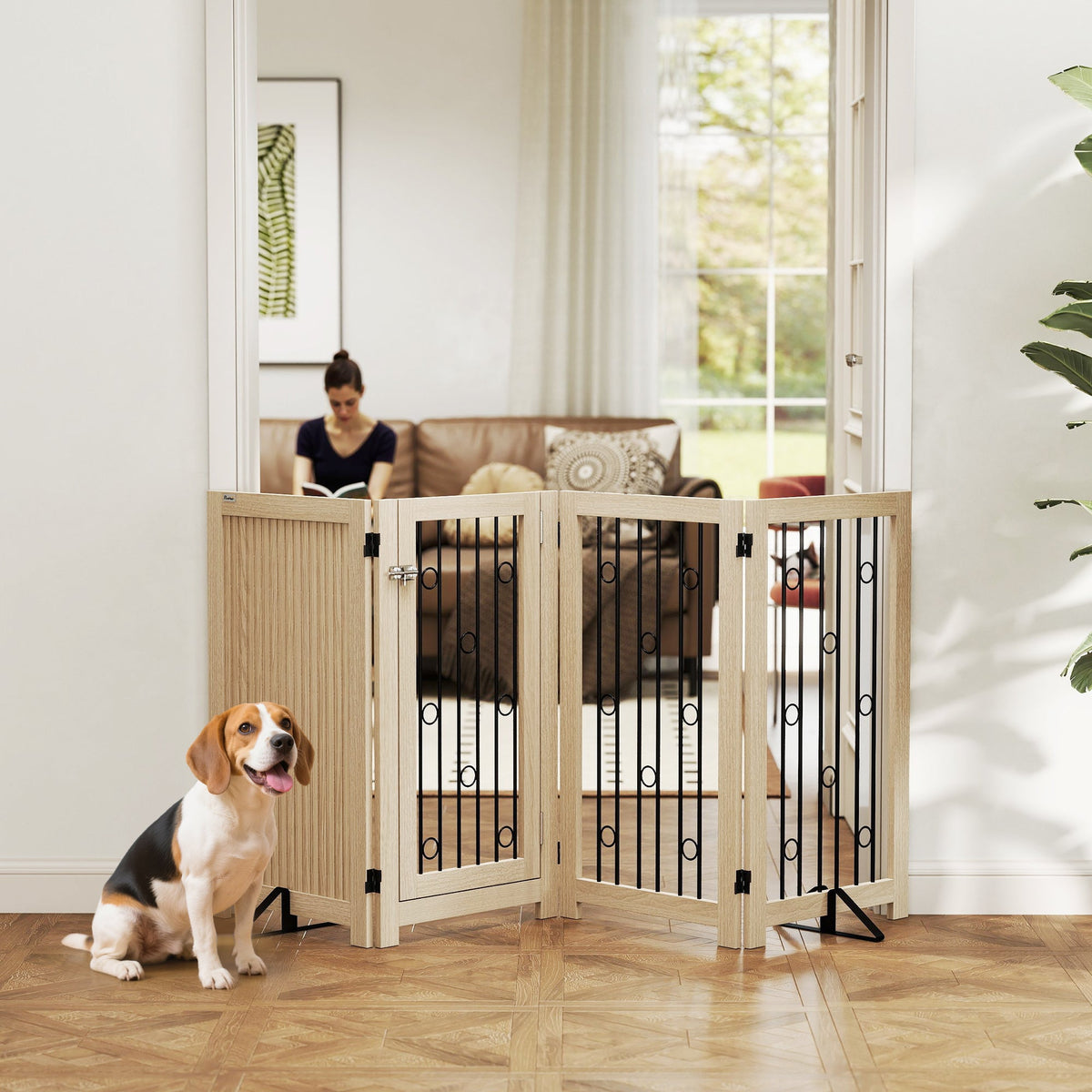 Freestanding Pet Gate, Foldable Dog Gate with Lockable Door, Metal Support Feet & 360° Flexible Hinges, 4 Panel Indoor Dog Barrier for House, Stairs, Doorway, 205 x 30.5 x 91.5 cm, Oak