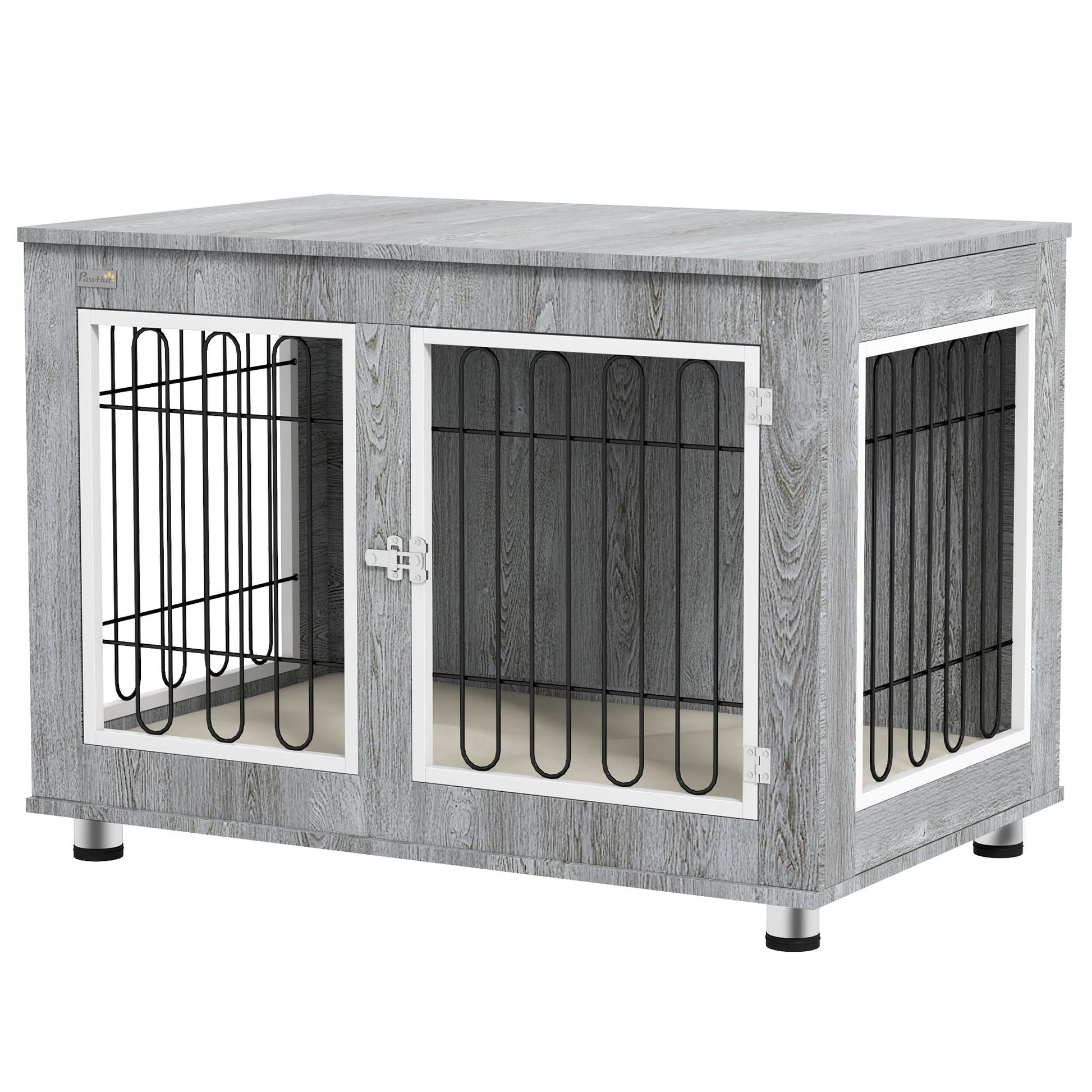 Dog Crate Furniture, Indoor Dog Kennel Side End Table with Cushion, Double Doors, for Medium and Large Breeds, 90 x 58 x 65 cm, Grey