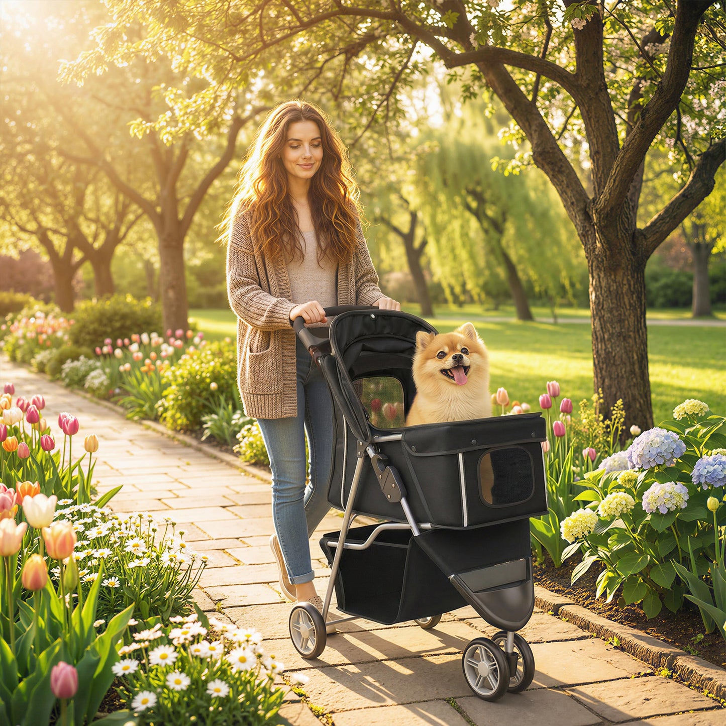 Dog Stroller, 3 Wheels Foldable Cat Dog Pram with Cup Holder, Storage Basket, Pet Stroller for Small Miniature Dogs, Black
