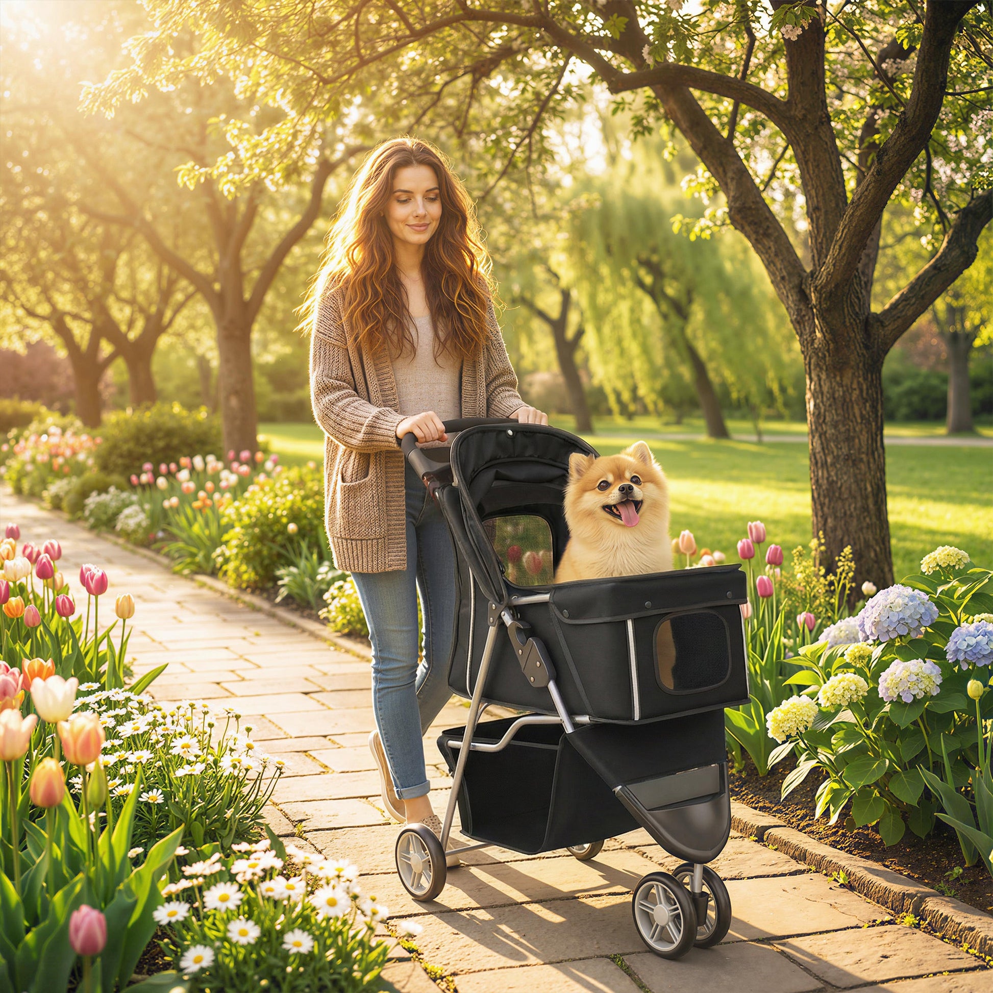 Dog Stroller, 3 Wheels Foldable Cat Dog Pram with Cup Holder, Storage Basket, Pet Stroller for Small Miniature Dogs, Black