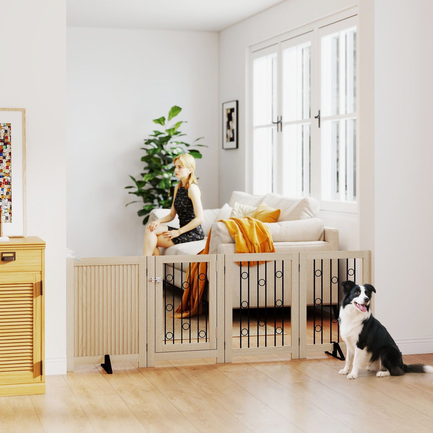 Freestanding Pet Gate, Foldable Dog Gate with Lockable Door, Support Feet & 360° Flexible Hinges, 4 Panel Indoor Safety Dog Barrier for House, Stairs, Doorway, 205 x 30.5 x 70 cm, Oak