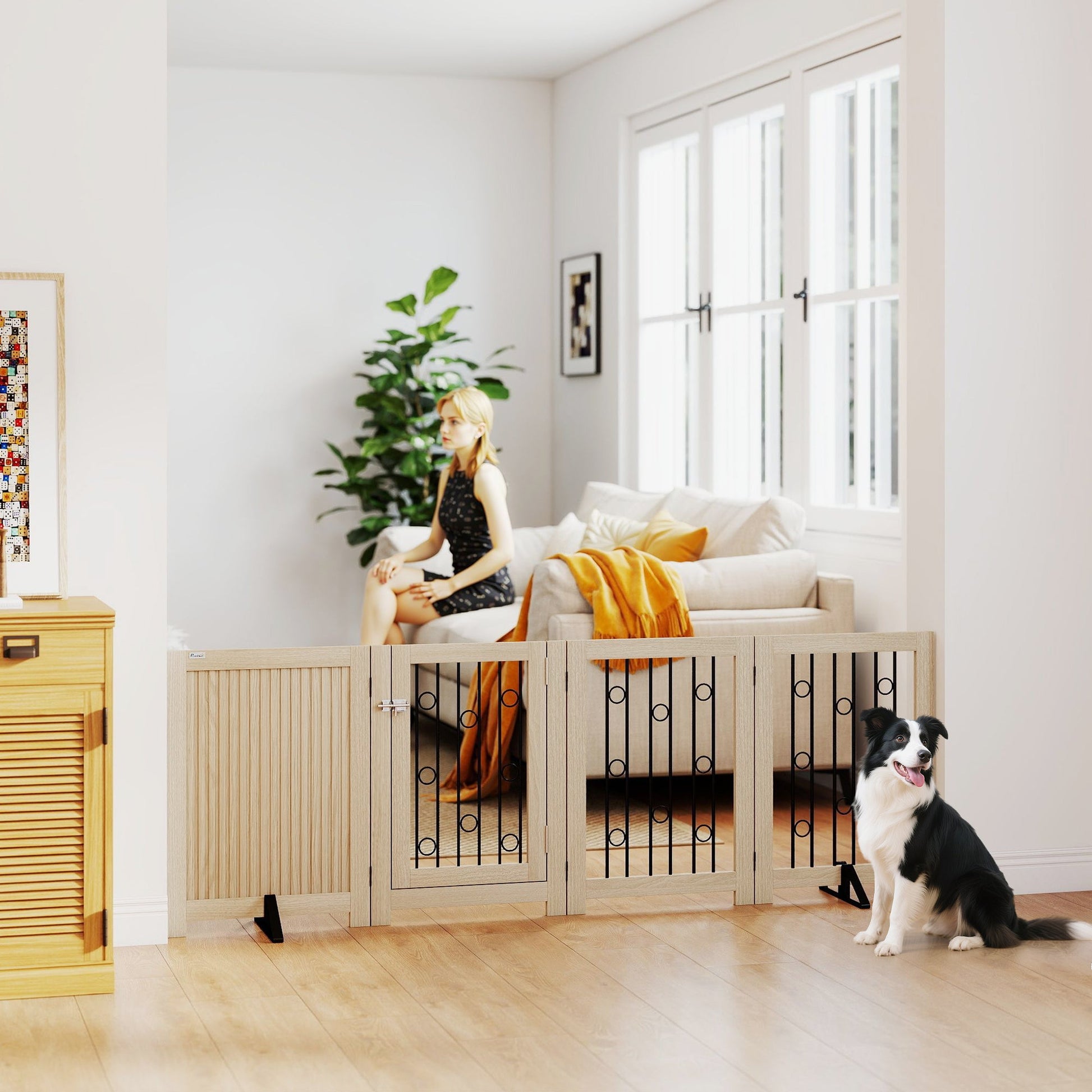 Freestanding Pet Gate, Foldable Dog Gate with Lockable Door, Support Feet & 360° Flexible Hinges, 4 Panel Indoor Safety Dog Barrier for House, Stairs, Doorway, 205 x 30.5 x 70 cm, Oak