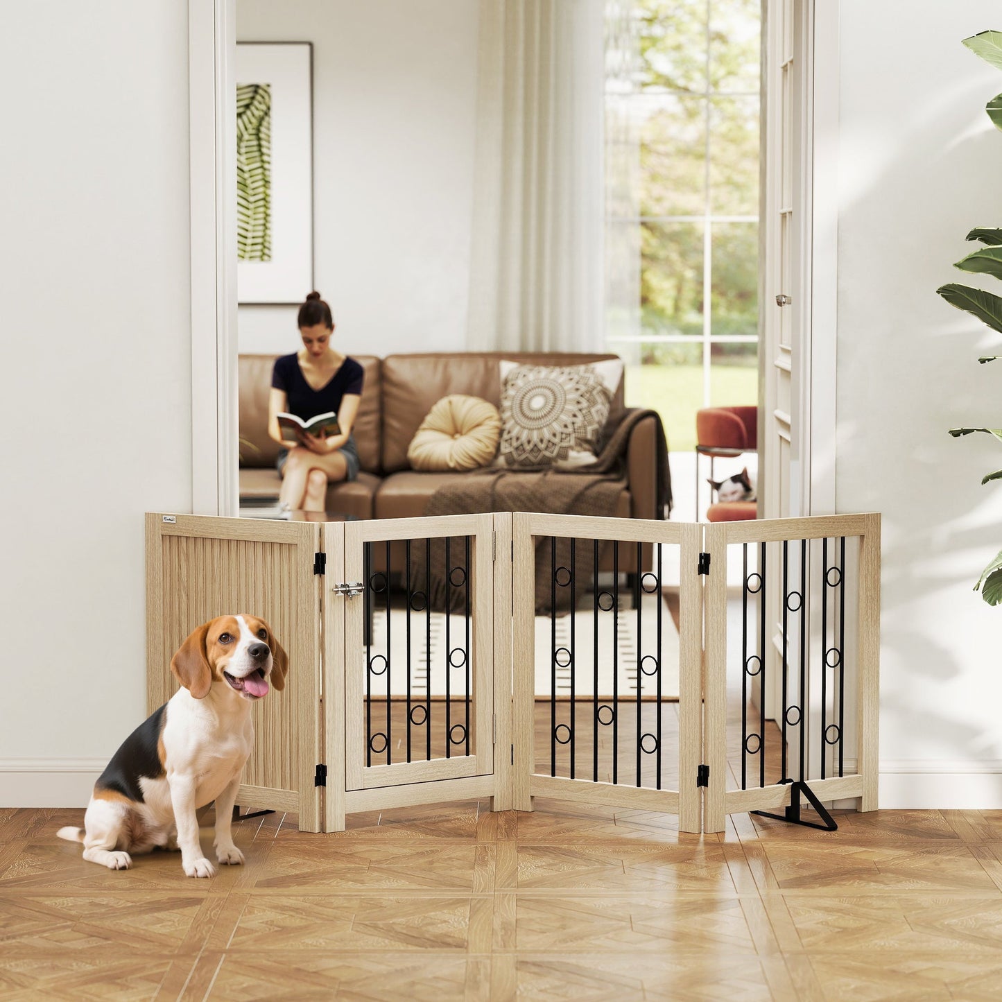 Freestanding Pet Gate, Foldable Dog Gate with Lockable Door, Support Feet & 360° Flexible Hinges, 4 Panel Indoor Safety Dog Barrier for House, Stairs, Doorway, 205 x 30.5 x 70 cm, Oak