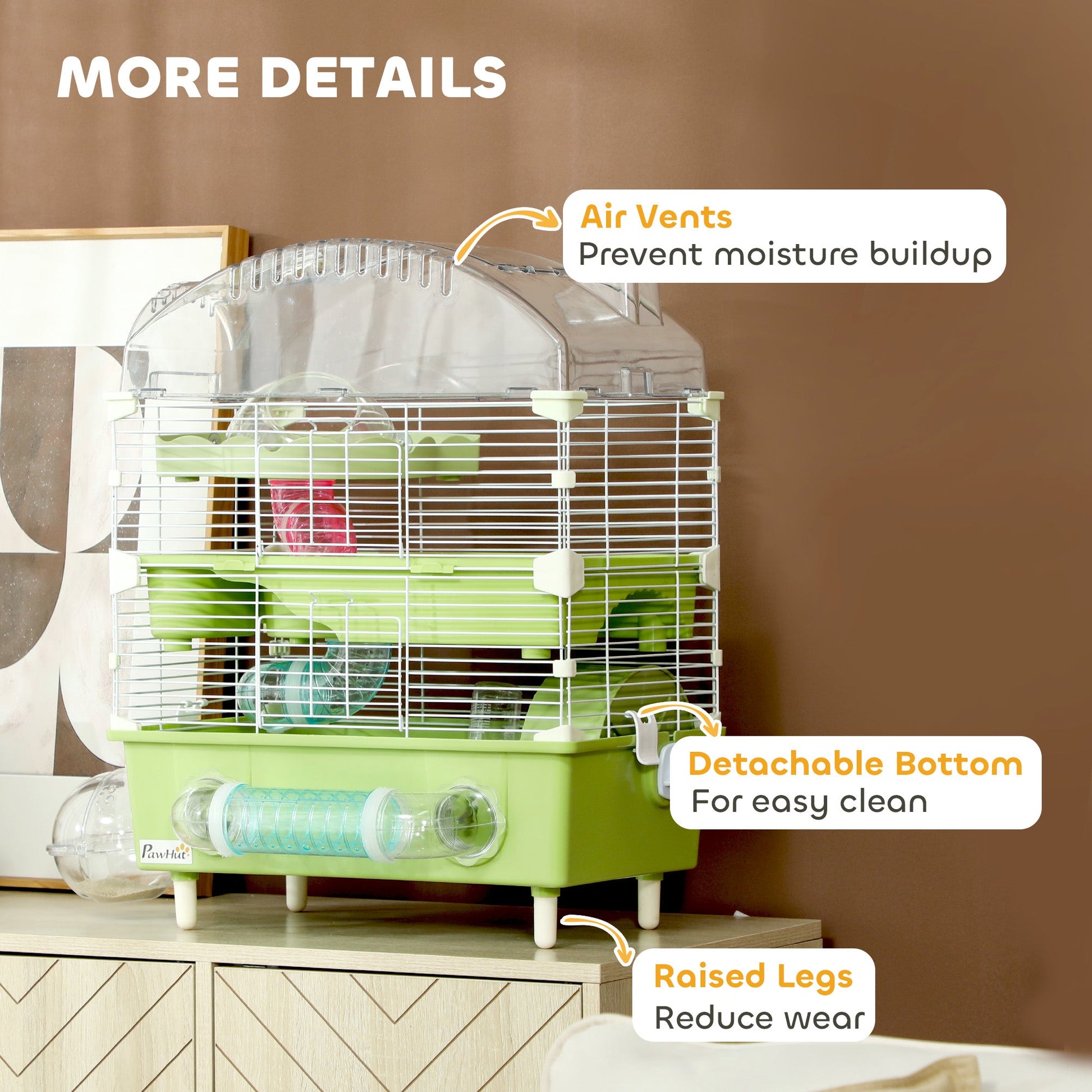 3-Tier Hamster Cage, Hamster Habitat with Transparent Top, Sand Bathroom, Exercise Wheel, Hideout Room, Tubes, Small Animal Cage for Dwarf Hamster, 45 x 28 x 60 cm, Green