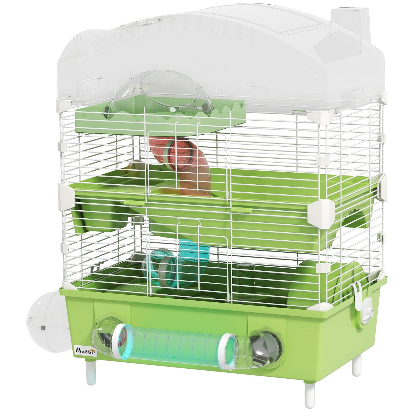 3-Tier Hamster Cage, Hamster Habitat with Transparent Top, Sand Bathroom, Exercise Wheel, Hideout Room, Tubes, Small Animal Cage for Dwarf Hamster, 45 x 28 x 60 cm, Green