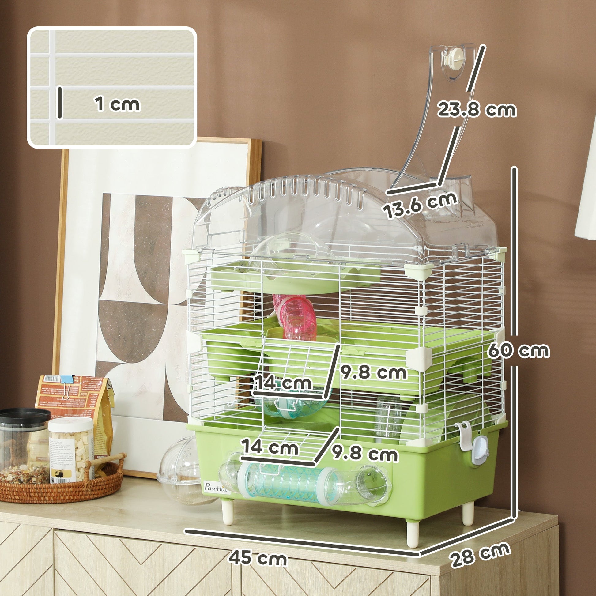 3-Tier Hamster Cage, Hamster Habitat with Transparent Top, Sand Bathroom, Exercise Wheel, Hideout Room, Tubes, Small Animal Cage for Dwarf Hamster, 45 x 28 x 60 cm, Green