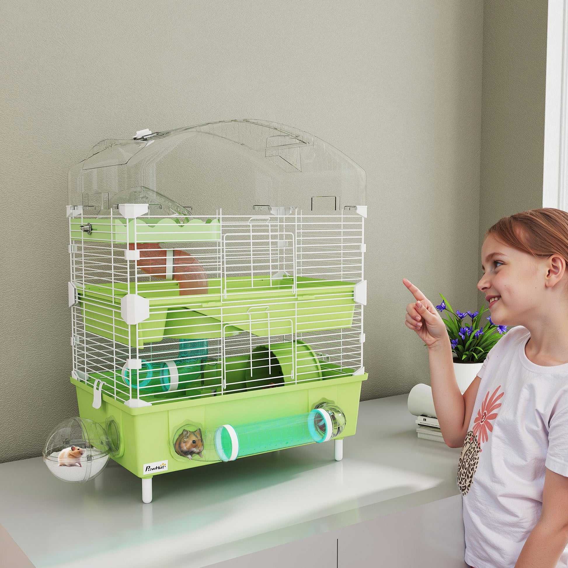 3-Tier Hamster Cage, Hamster Habitat with Transparent Top, Sand Bathroom, Exercise Wheel, Hideout Room, Tubes, Small Animal Cage for Dwarf Hamster, 45 x 28 x 60 cm, Green