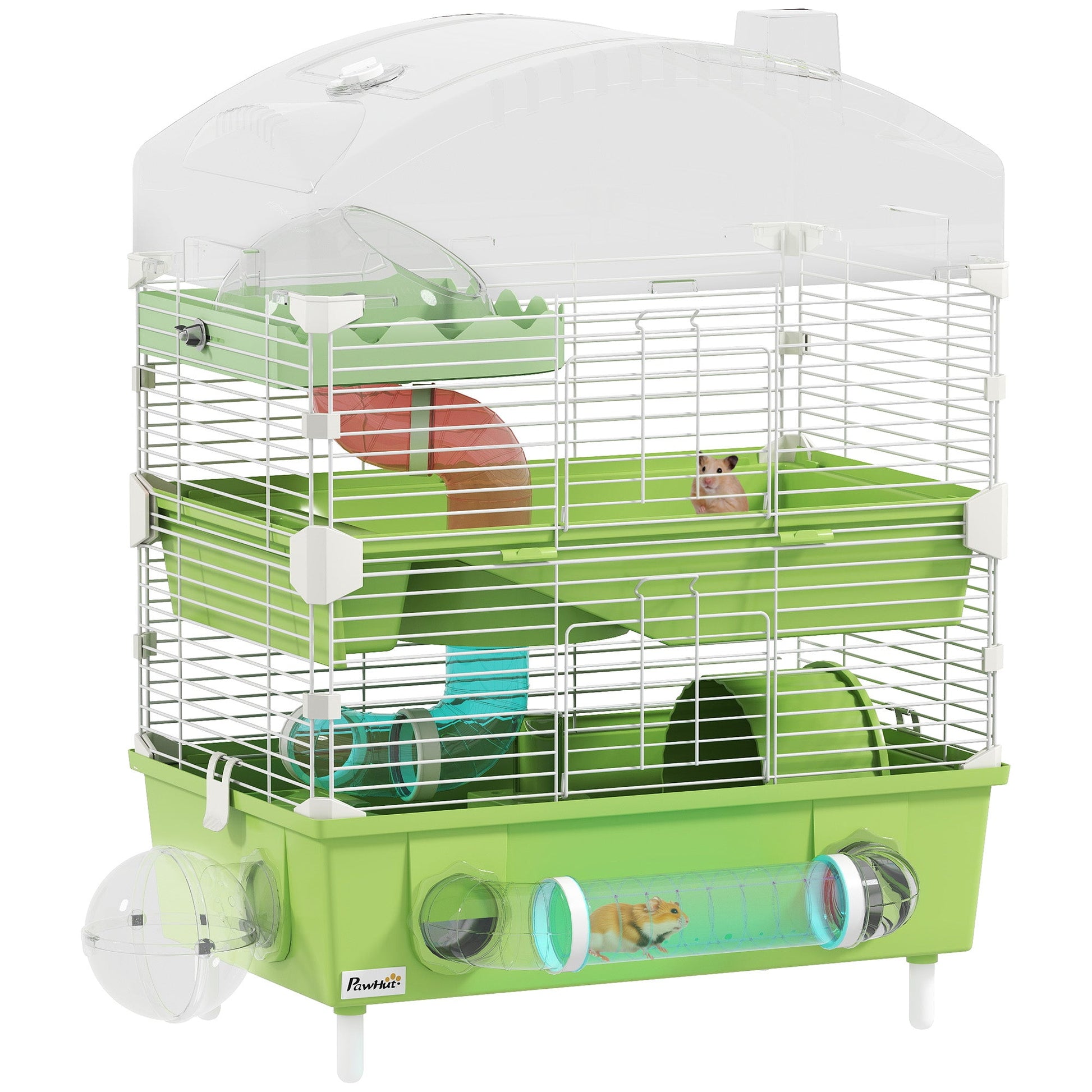3-Tier Hamster Cage, Hamster Habitat with Transparent Top, Sand Bathroom, Exercise Wheel, Hideout Room, Tubes, Small Animal Cage for Dwarf Hamster, 45 x 28 x 60 cm, Green