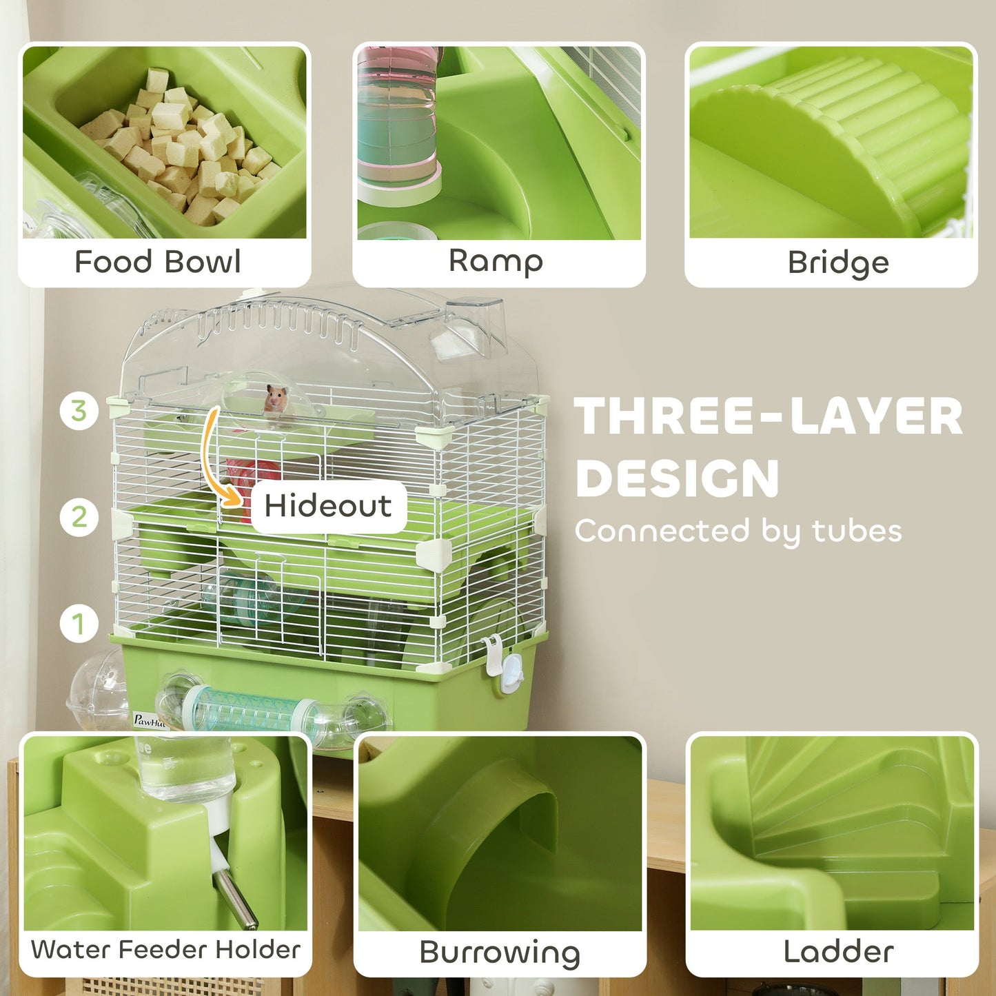 3-Tier Hamster Cage, Hamster Habitat with Transparent Top, Sand Bathroom, Exercise Wheel, Hideout Room, Tubes, Small Animal Cage for Dwarf Hamster, 45 x 28 x 60 cm, Green