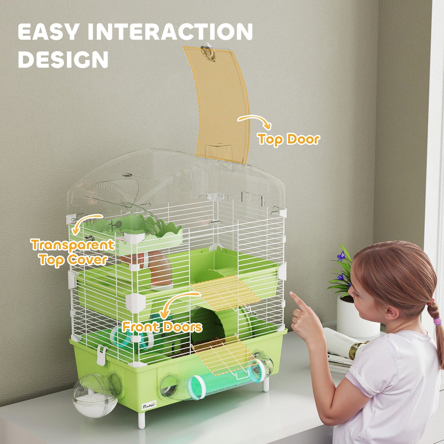 3-Tier Hamster Cage, Hamster Habitat with Transparent Top, Sand Bathroom, Exercise Wheel, Hideout Room, Tubes, Small Animal Cage for Dwarf Hamster, 45 x 28 x 60 cm, Green