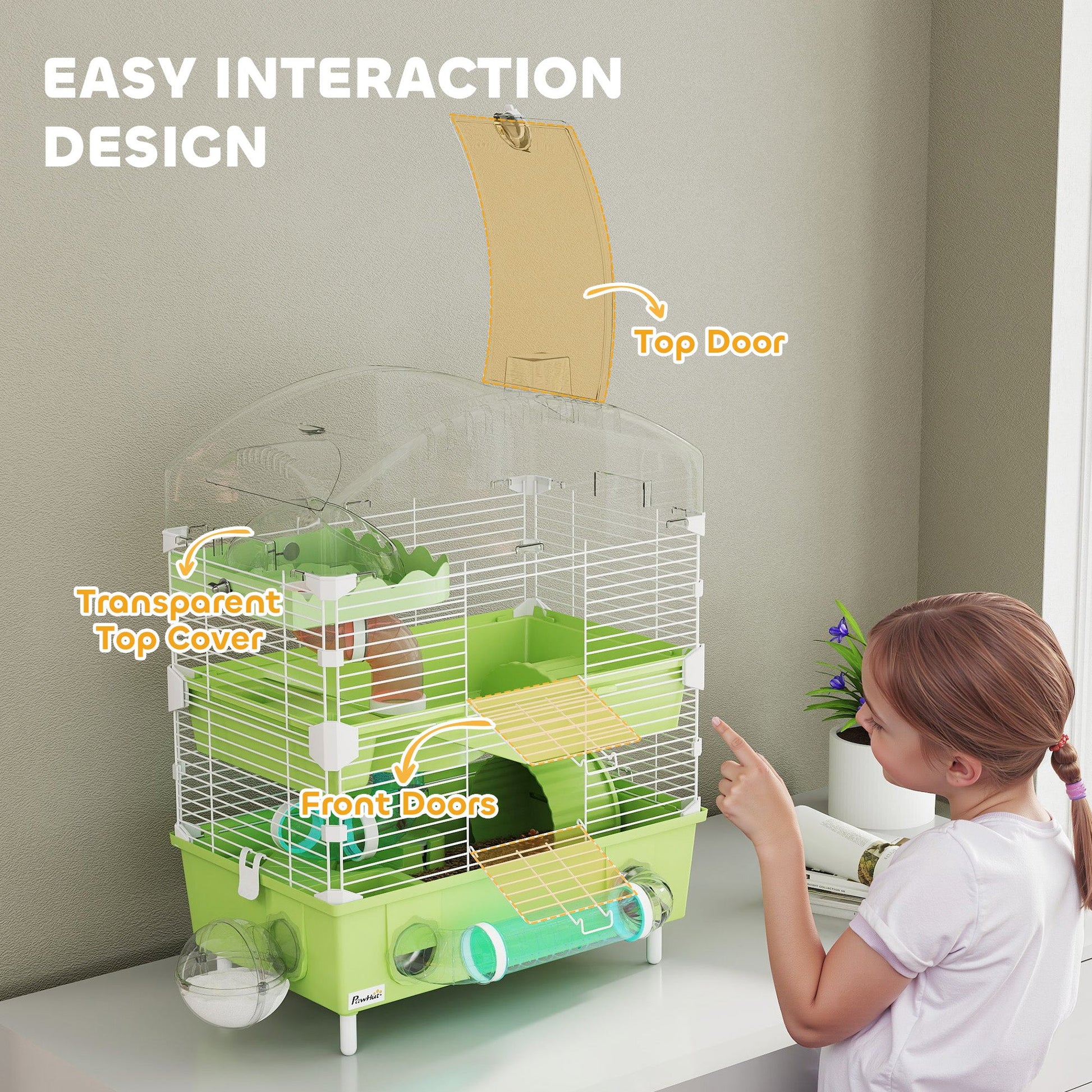 3-Tier Hamster Cage, Hamster Habitat with Transparent Top, Sand Bathroom, Exercise Wheel, Hideout Room, Tubes, Small Animal Cage for Dwarf Hamster, 45 x 28 x 60 cm, Green