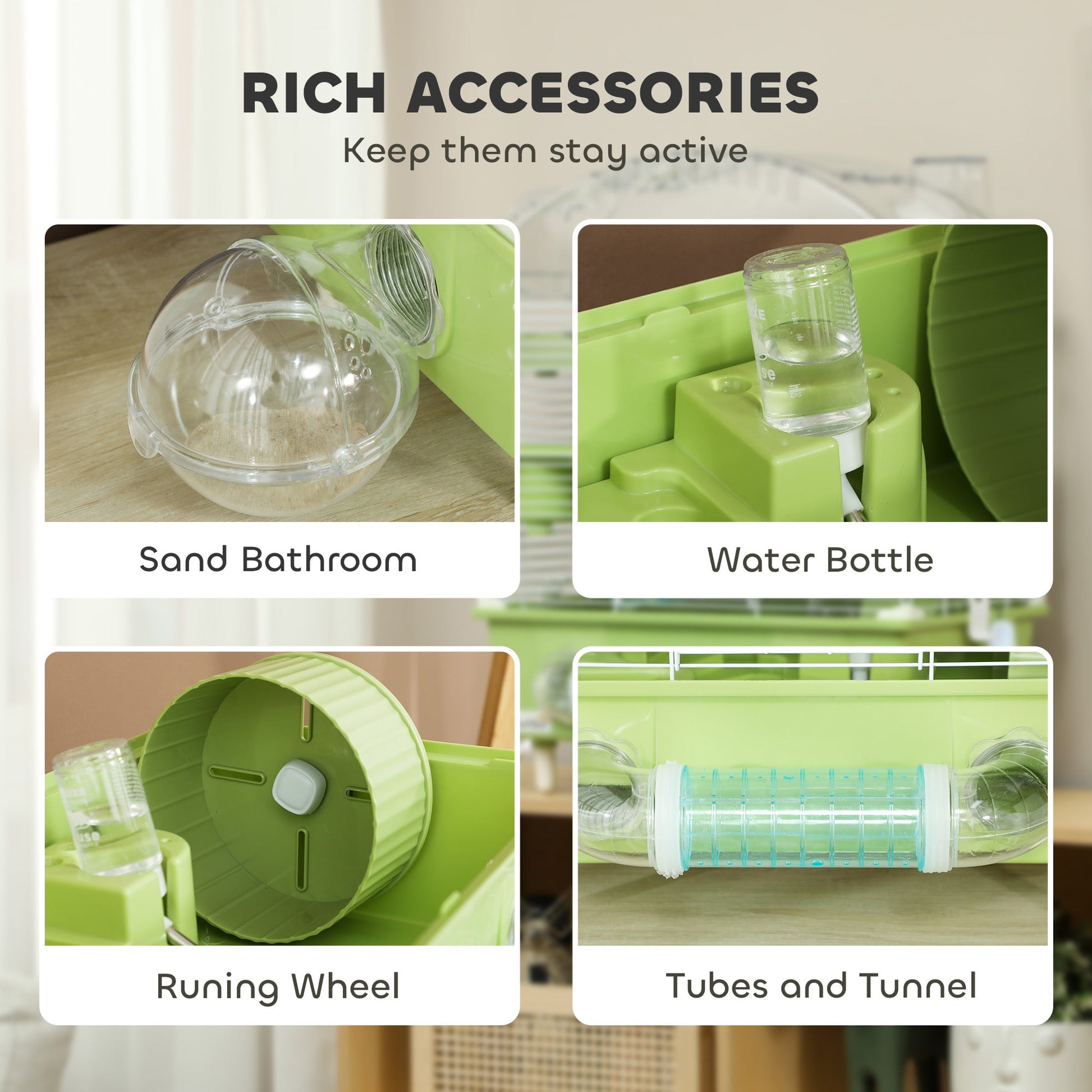 3-Tier Hamster Cage, Hamster Habitat with Transparent Top, Sand Bathroom, Exercise Wheel, Hideout Room, Tubes, Small Animal Cage for Dwarf Hamster, 45 x 28 x 60 cm, Green