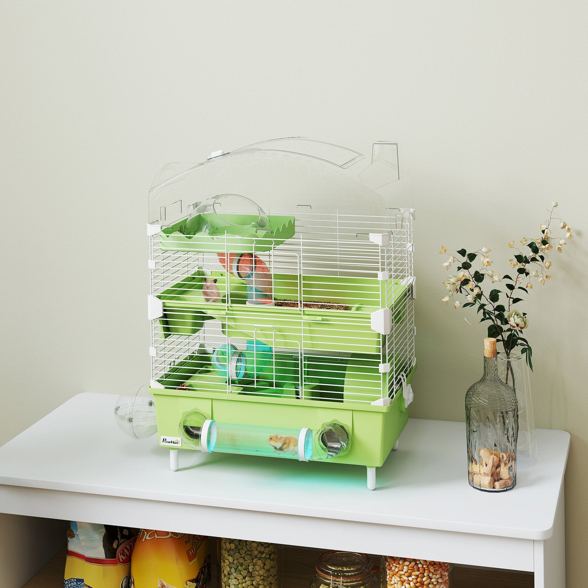 3-Tier Hamster Cage, Hamster Habitat with Transparent Top, Sand Bathroom, Exercise Wheel, Hideout Room, Tubes, Small Animal Cage for Dwarf Hamster, 45 x 28 x 60 cm, Green